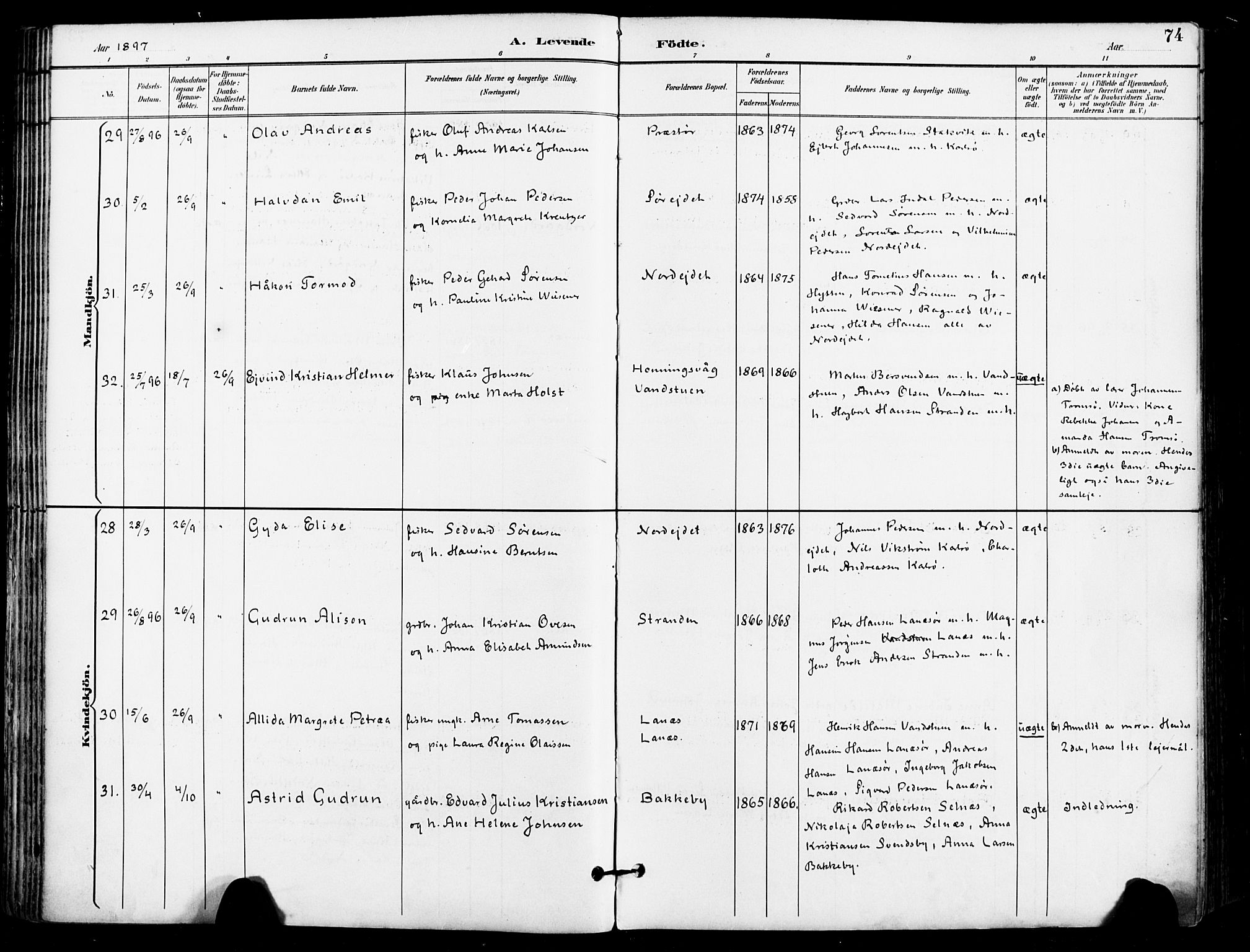 Karlsøy sokneprestembete, AV/SATØ-S-1299/H/Ha/Haa/L0007kirke: Parish register (official) no. 7, 1891-1902, p. 74