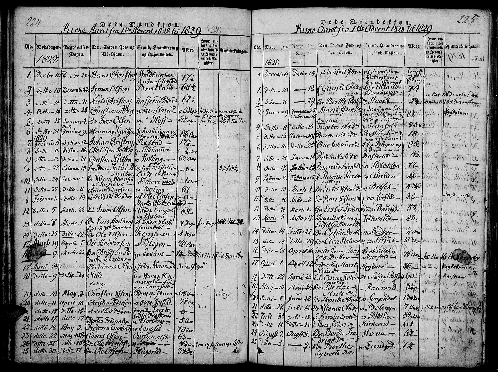 Fåberg prestekontor, SAH/PREST-086/H/Ha/Haa/L0003: Parish register (official) no. 3, 1818-1833, p. 224-225