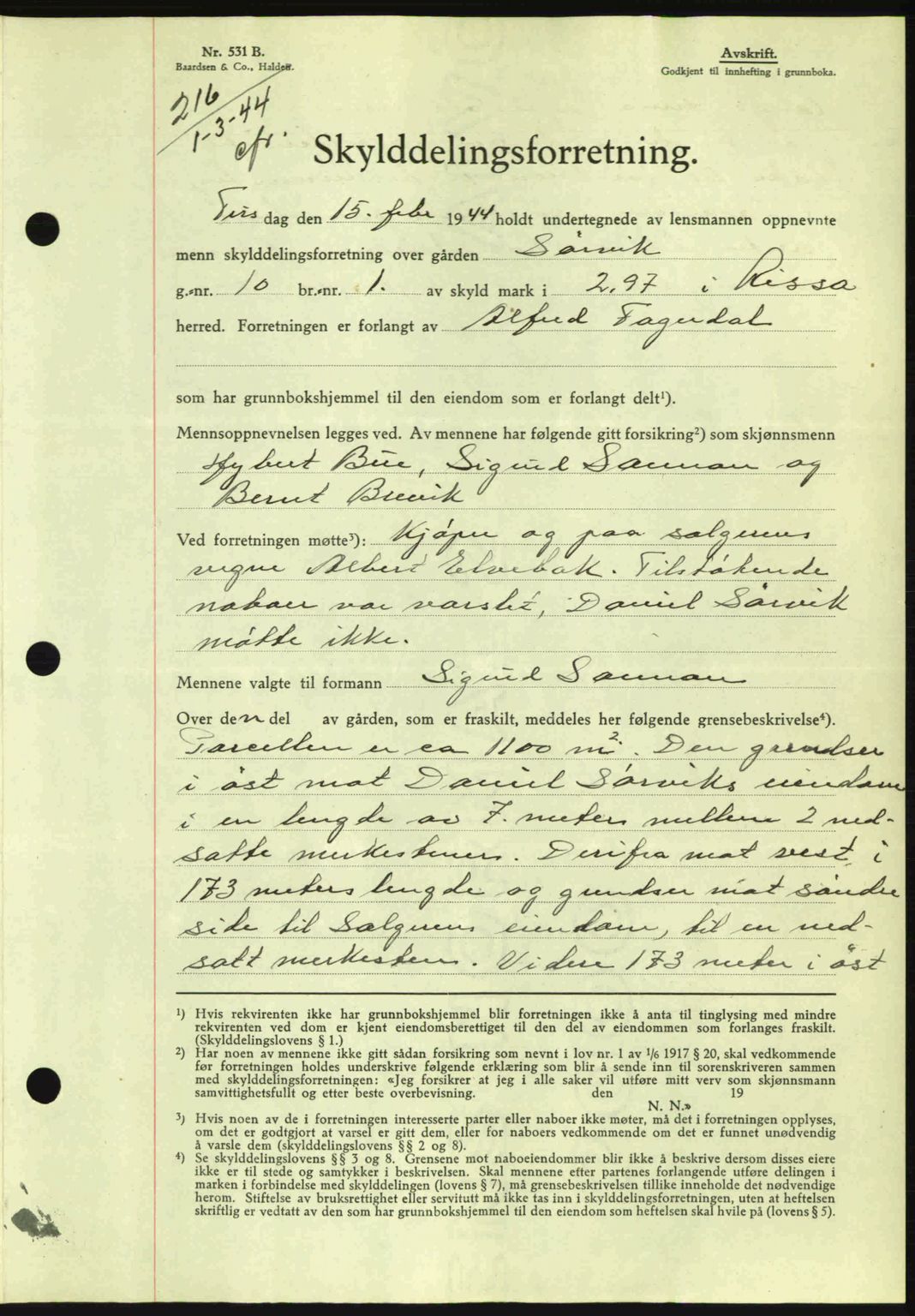 Fosen sorenskriveri, AV/SAT-A-1107/1/2/2C: Mortgage book no. A3, 1943-1945, Diary no: : 216/1944