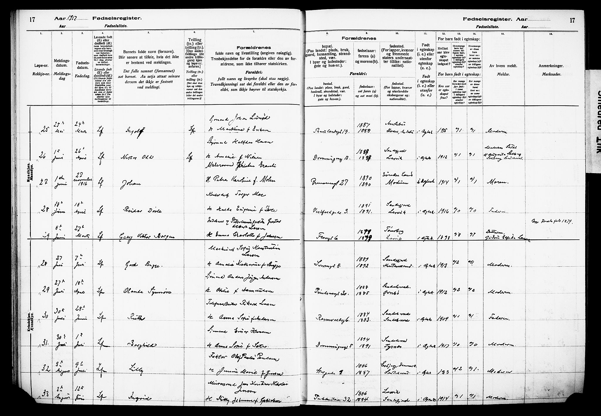 Sandefjord kirkebøker, AV/SAKO-A-315/J/Ja/L0001: Birth register no. 1, 1916-1932, p. 17