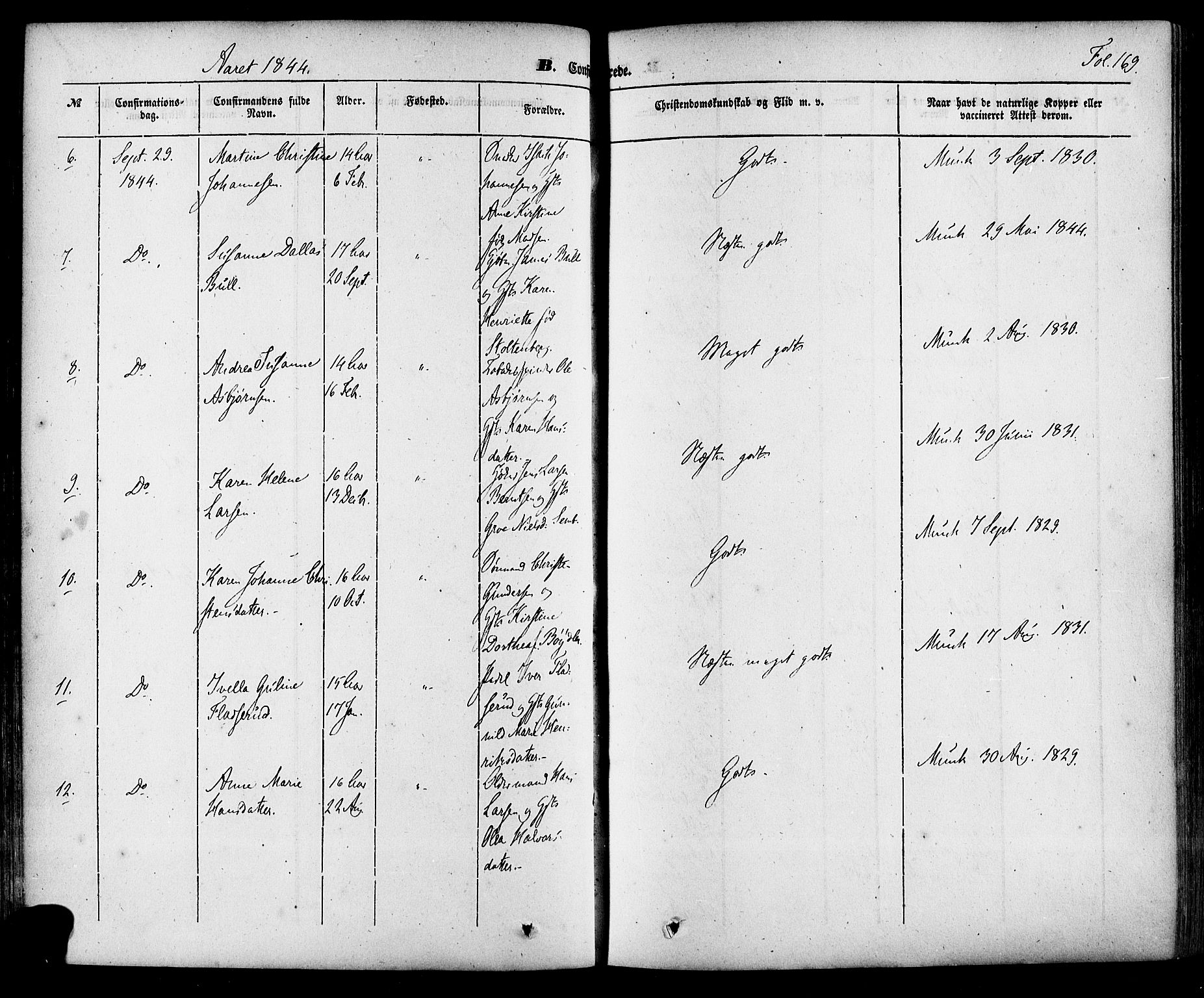 Skien kirkebøker, AV/SAKO-A-302/F/Fa/L0006a: Parish register (official) no. 6A, 1843-1856, p. 169