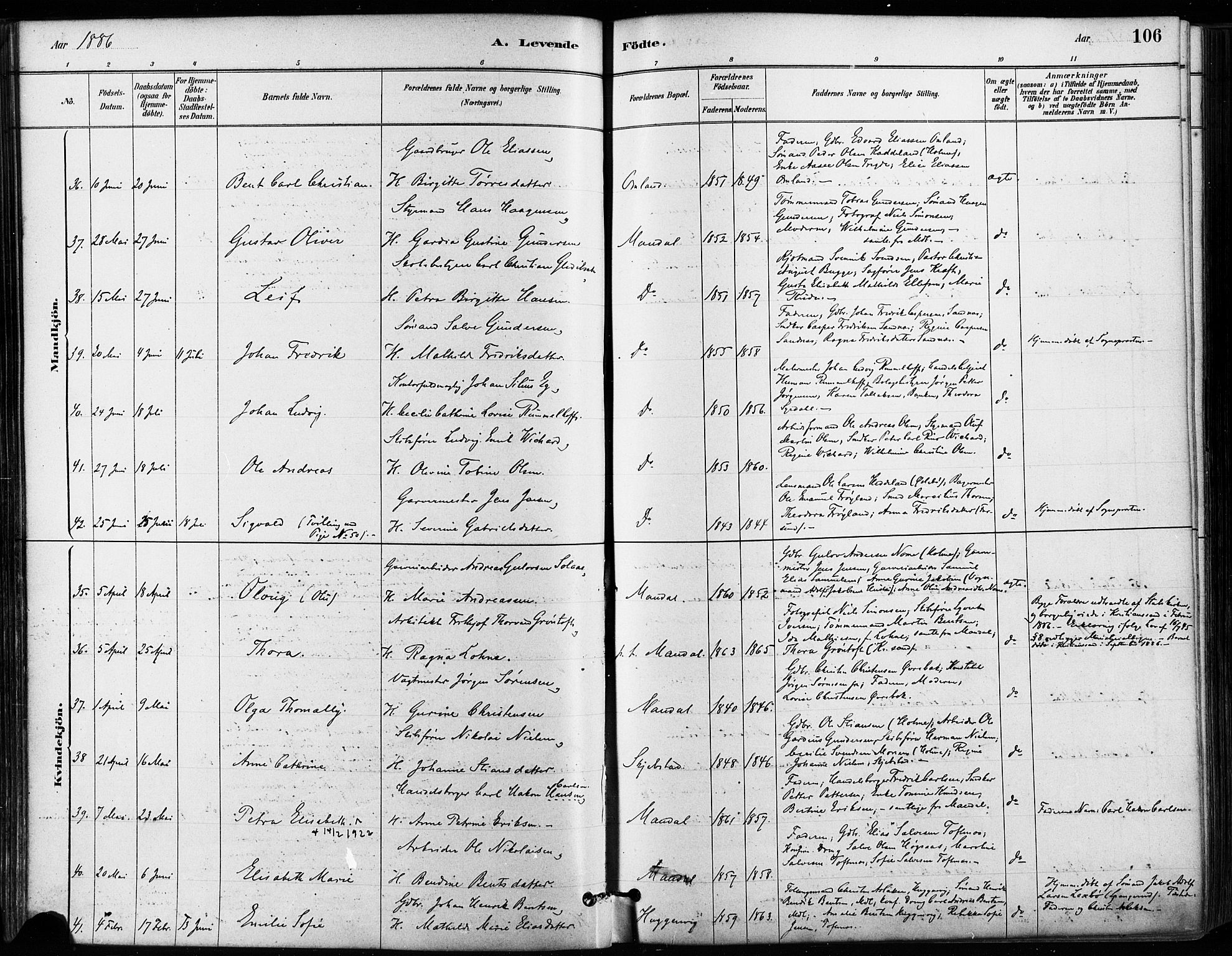 Mandal sokneprestkontor, SAK/1111-0030/F/Fa/Faa/L0016: Parish register (official) no. A 16, 1880-1890, p. 106