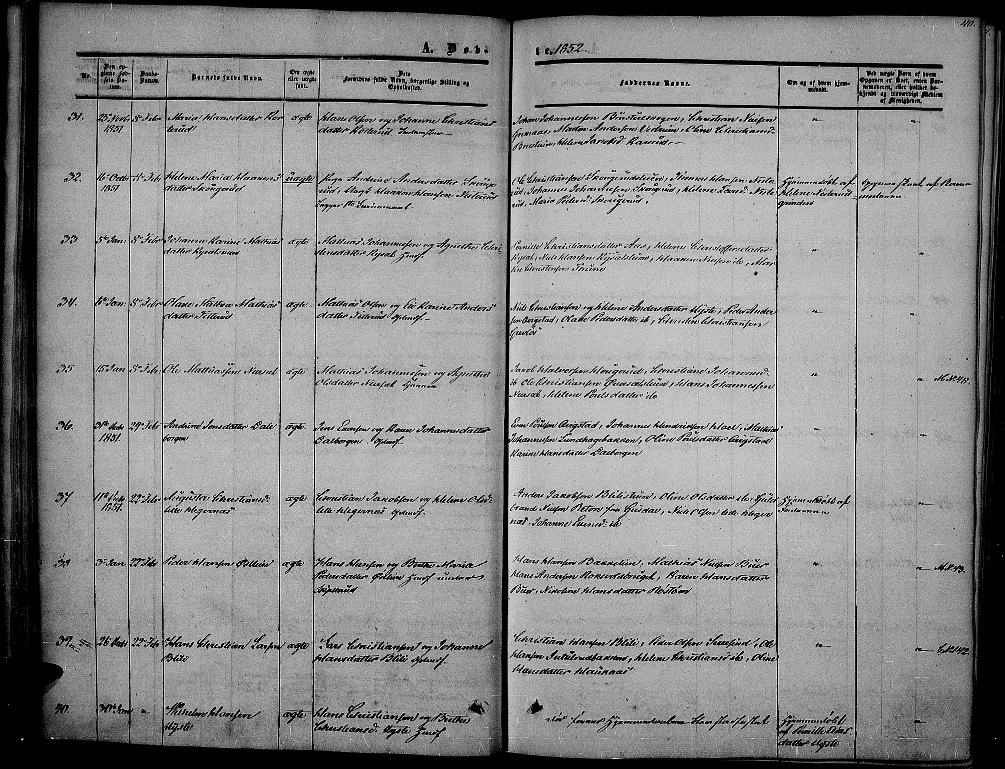 Vestre Toten prestekontor, AV/SAH-PREST-108/H/Ha/Haa/L0005: Parish register (official) no. 5, 1850-1855, p. 40