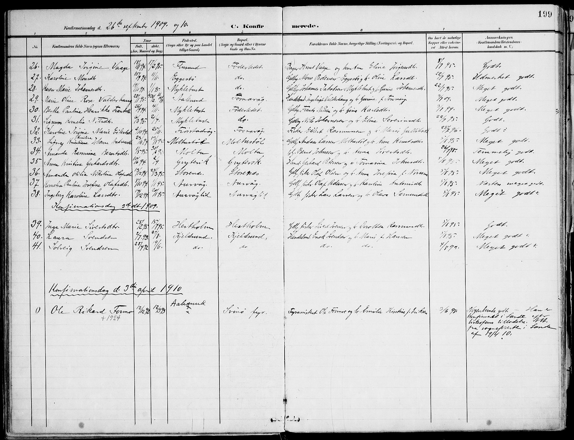 Ministerialprotokoller, klokkerbøker og fødselsregistre - Møre og Romsdal, SAT/A-1454/507/L0075: Parish register (official) no. 507A10, 1901-1920, p. 199