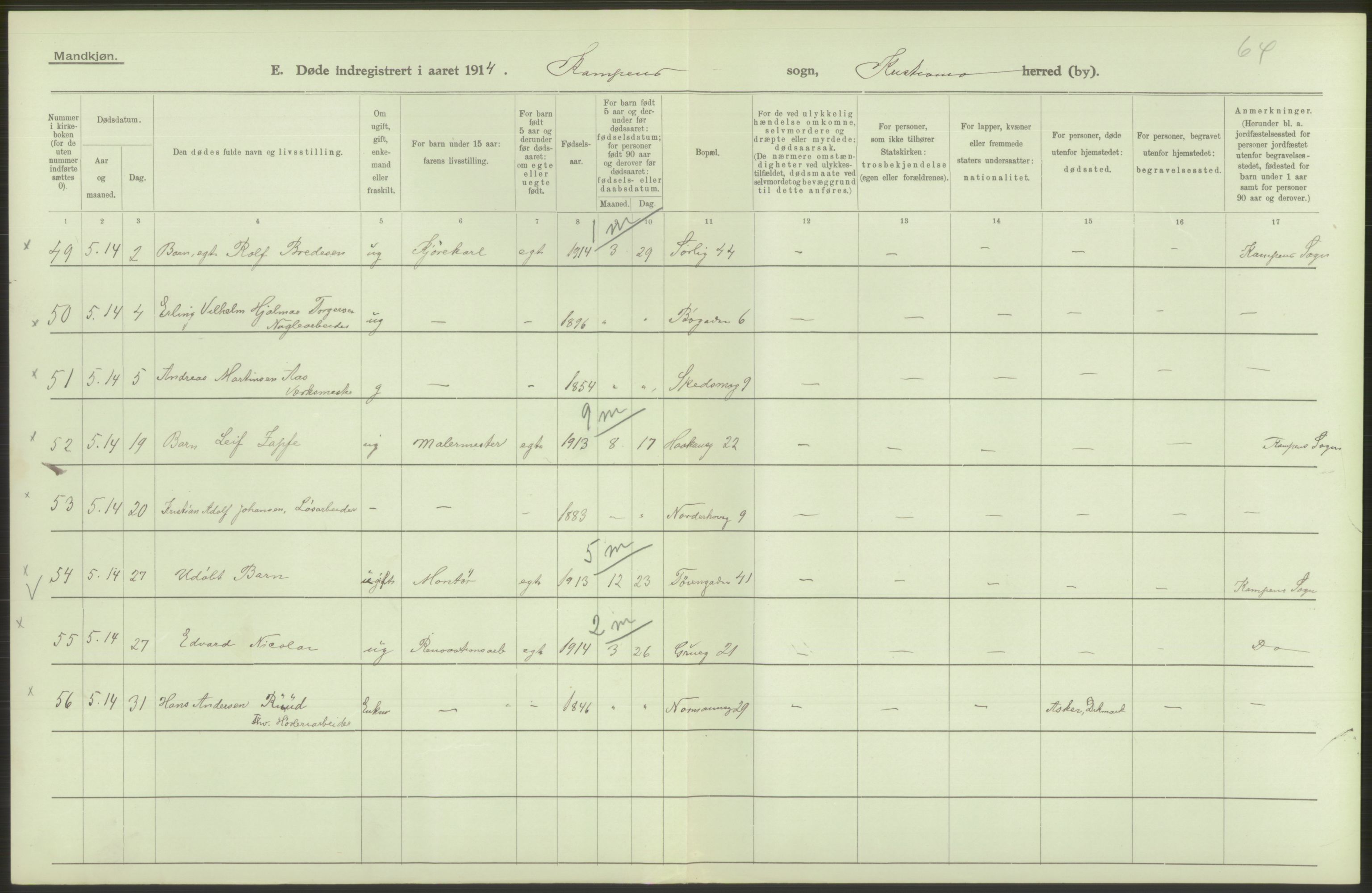 Statistisk sentralbyrå, Sosiodemografiske emner, Befolkning, AV/RA-S-2228/D/Df/Dfb/Dfbd/L0008: Kristiania: Døde, 1914, p. 422