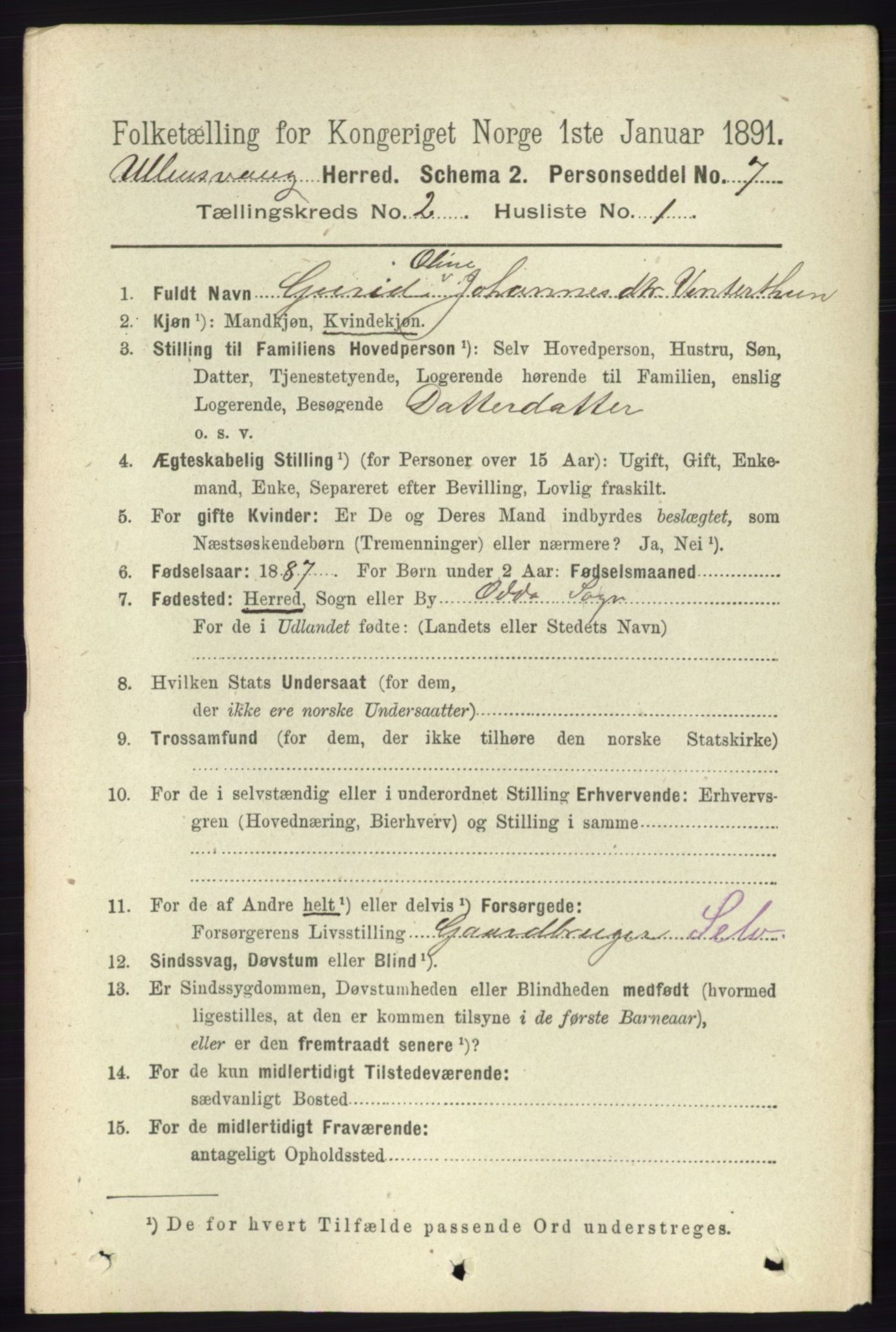 RA, 1891 census for 1230 Ullensvang, 1891, p. 327