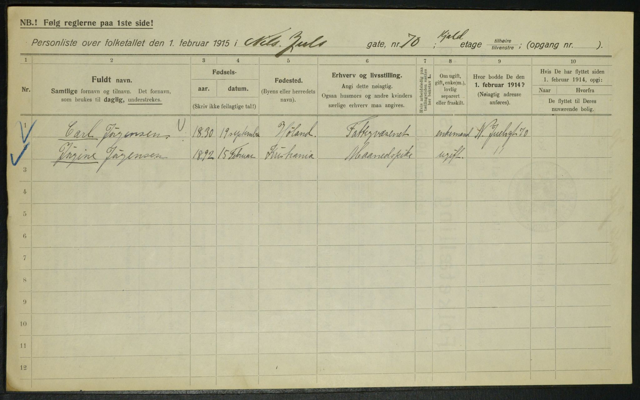 OBA, Municipal Census 1915 for Kristiania, 1915, p. 70374