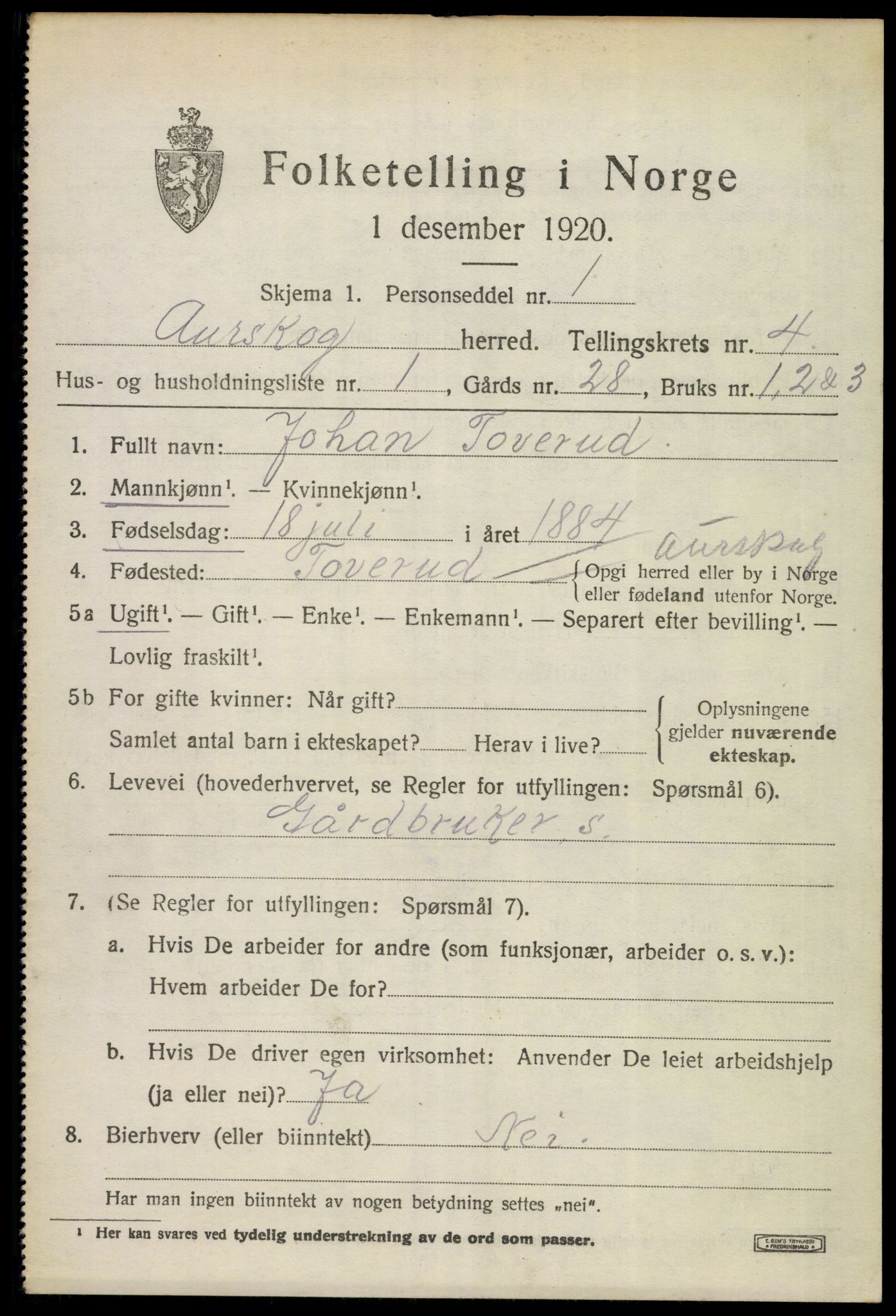 SAO, 1920 census for Aurskog, 1920, p. 4722