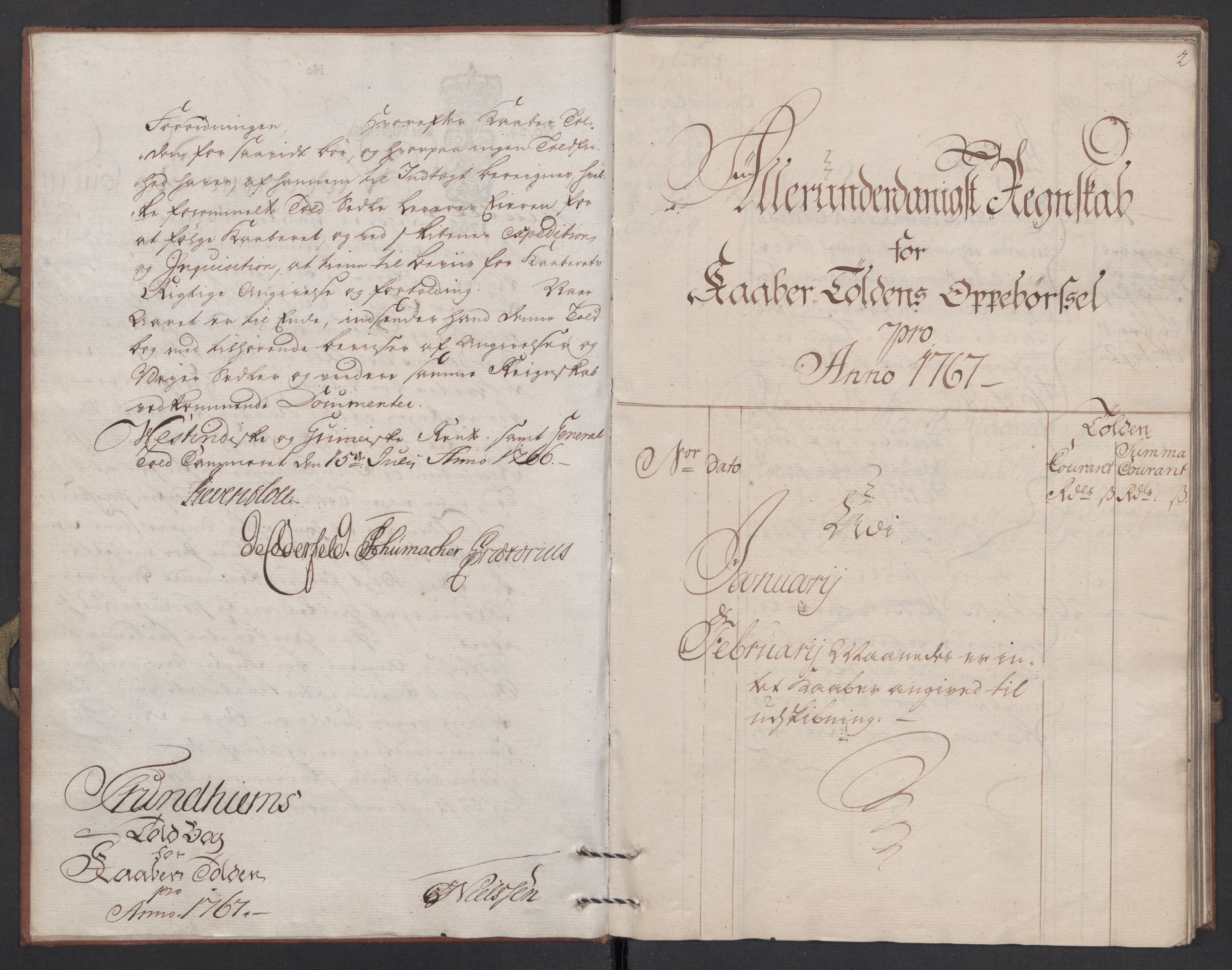Generaltollkammeret, tollregnskaper, AV/RA-EA-5490/R34/L0017/0001: Koppertollregnskaper Trondheim B / Tollbok for koppertollen, 1767