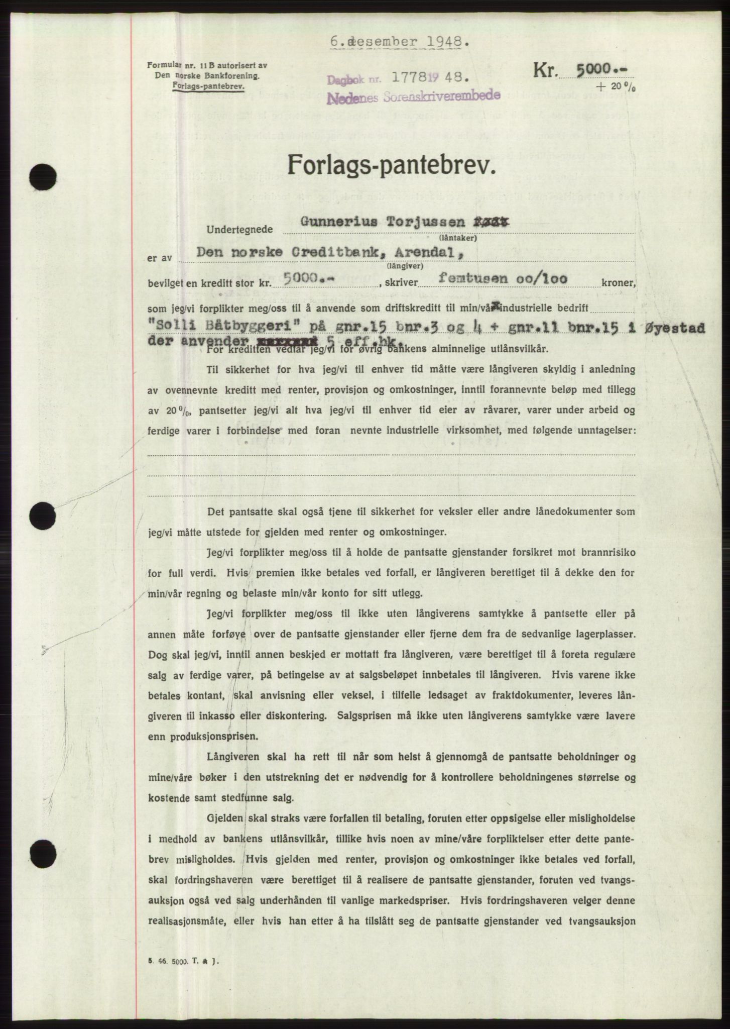 Nedenes sorenskriveri, AV/SAK-1221-0006/G/Gb/Gbb/L0005: Mortgage book no. B5, 1948-1948, Diary no: : 1778/1948