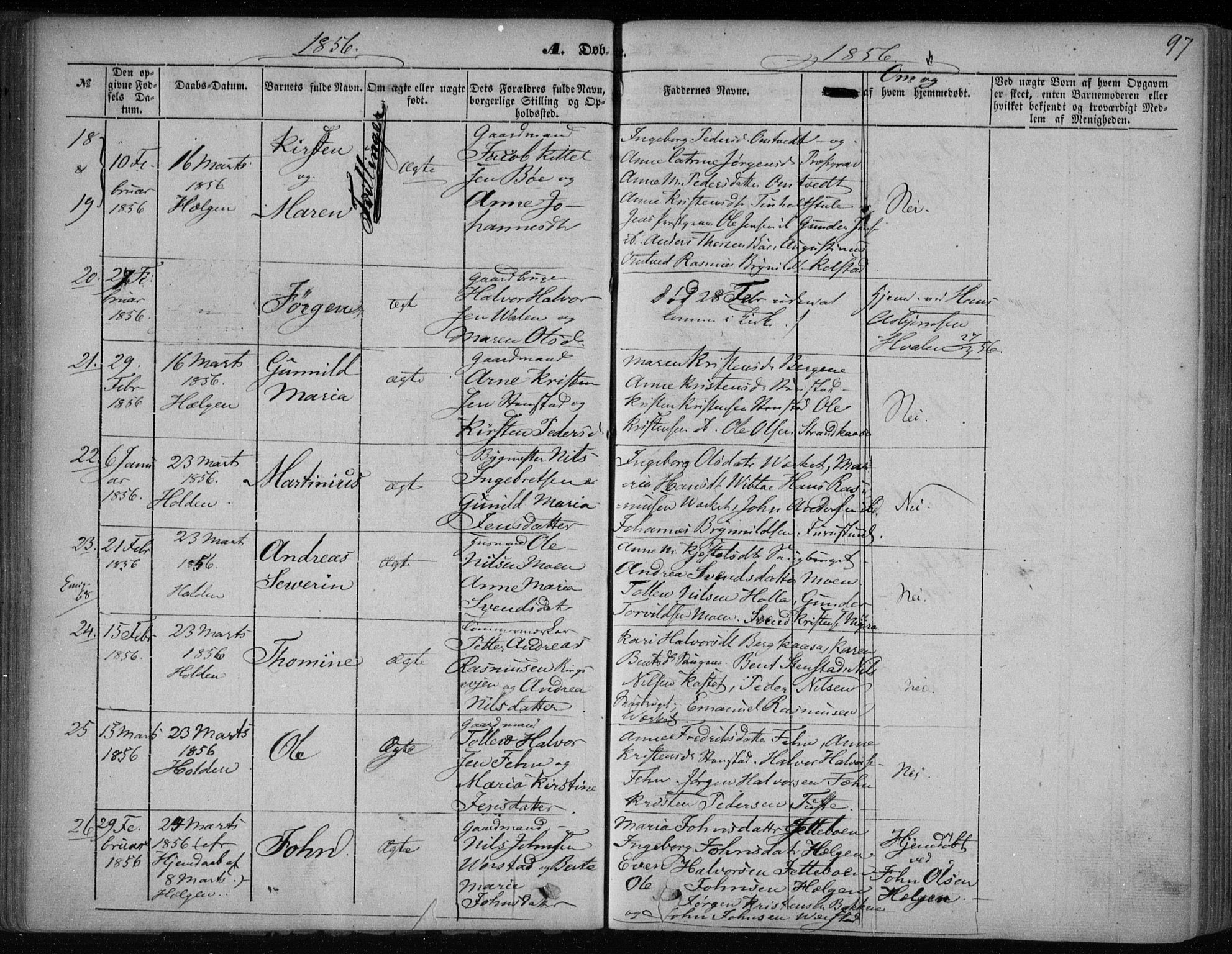 Holla kirkebøker, SAKO/A-272/F/Fa/L0005: Parish register (official) no. 5, 1849-1860, p. 97