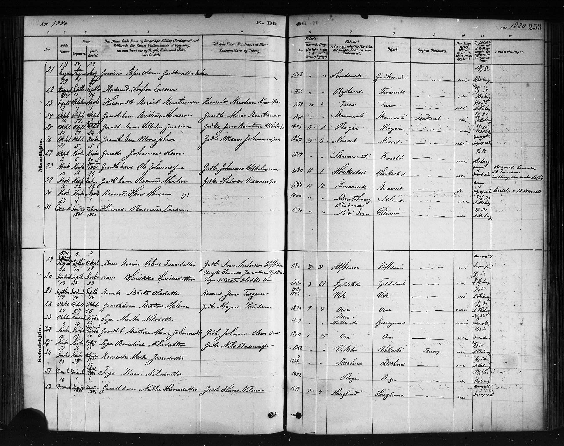 Herdla Sokneprestembete, AV/SAB-A-75701/H/Haa: Parish register (official) no. A 3, 1878-1890, p. 253