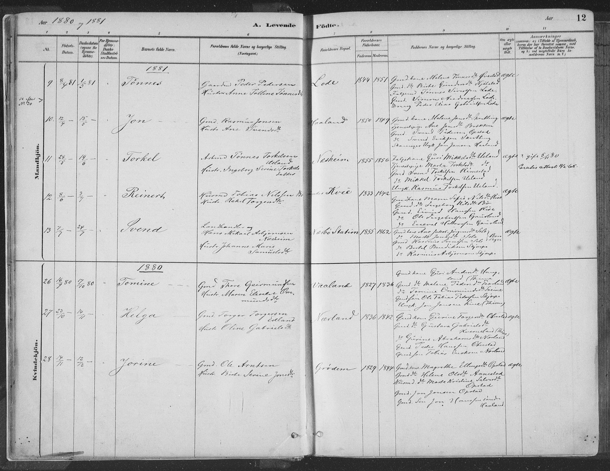 Hå sokneprestkontor, AV/SAST-A-101801/001/30BA/L0010: Parish register (official) no. A 9, 1879-1896, p. 12