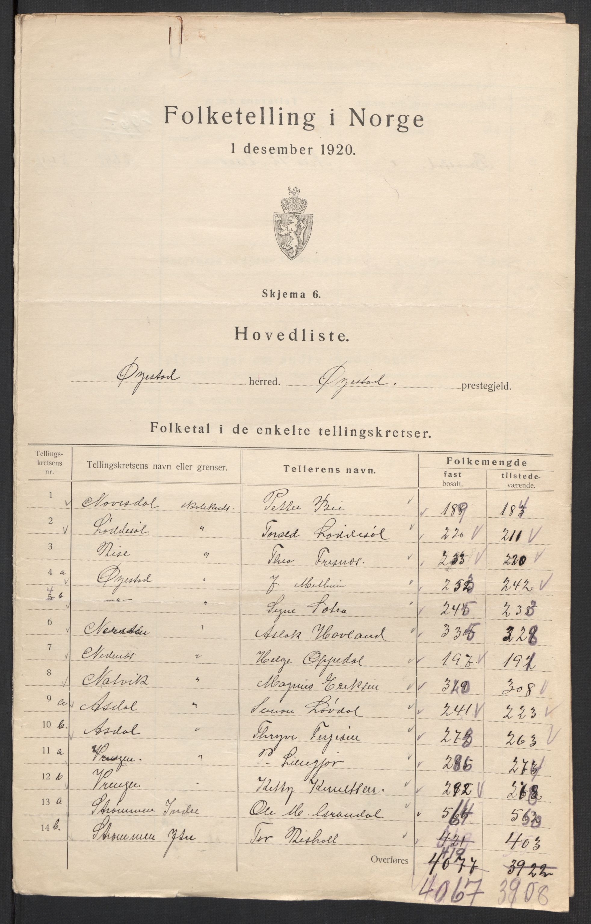 SAK, 1920 census for Øyestad, 1920, p. 3