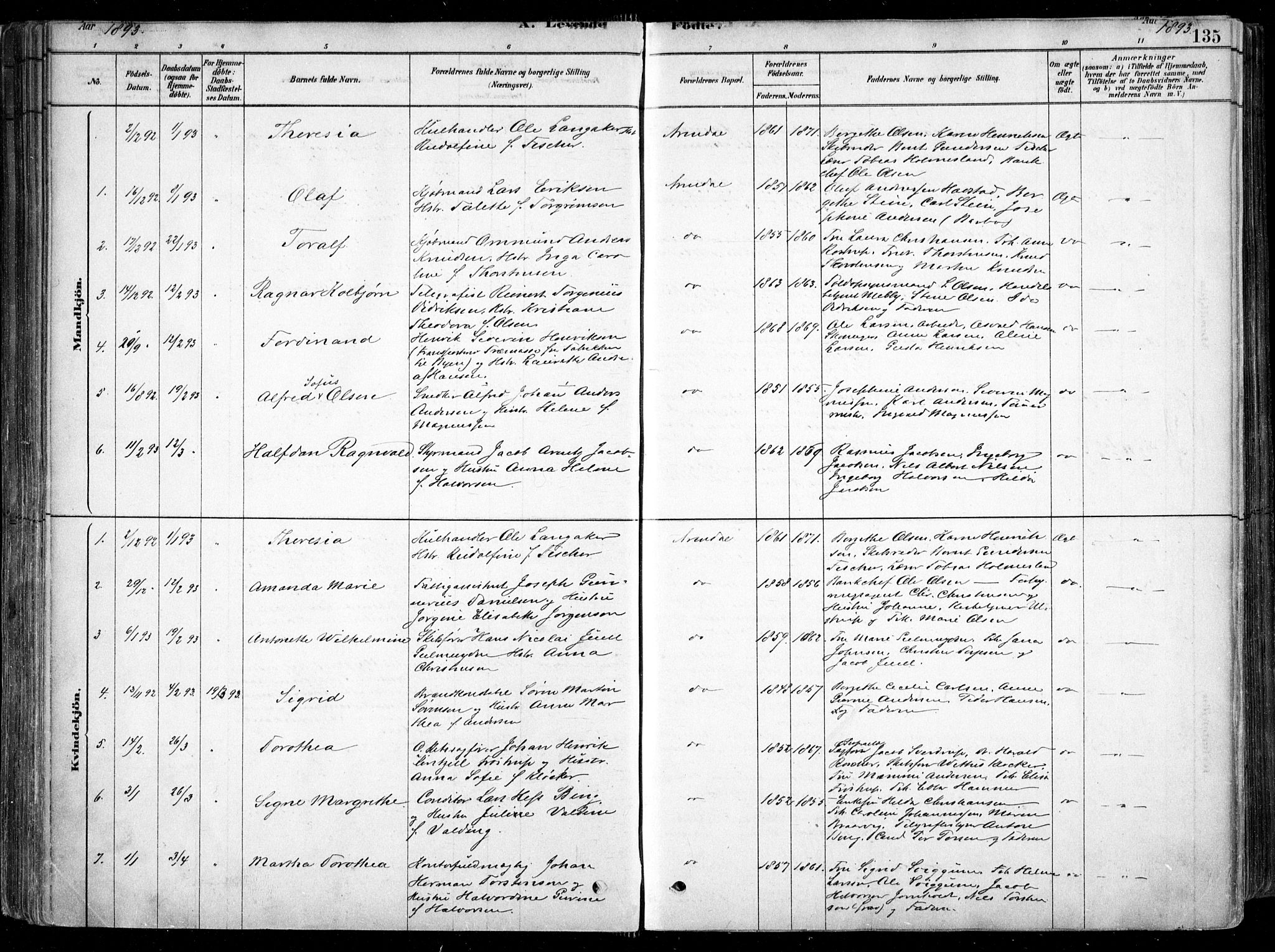 Arendal sokneprestkontor, Trefoldighet, SAK/1111-0040/F/Fa/L0008: Parish register (official) no. A 8, 1878-1899, p. 135