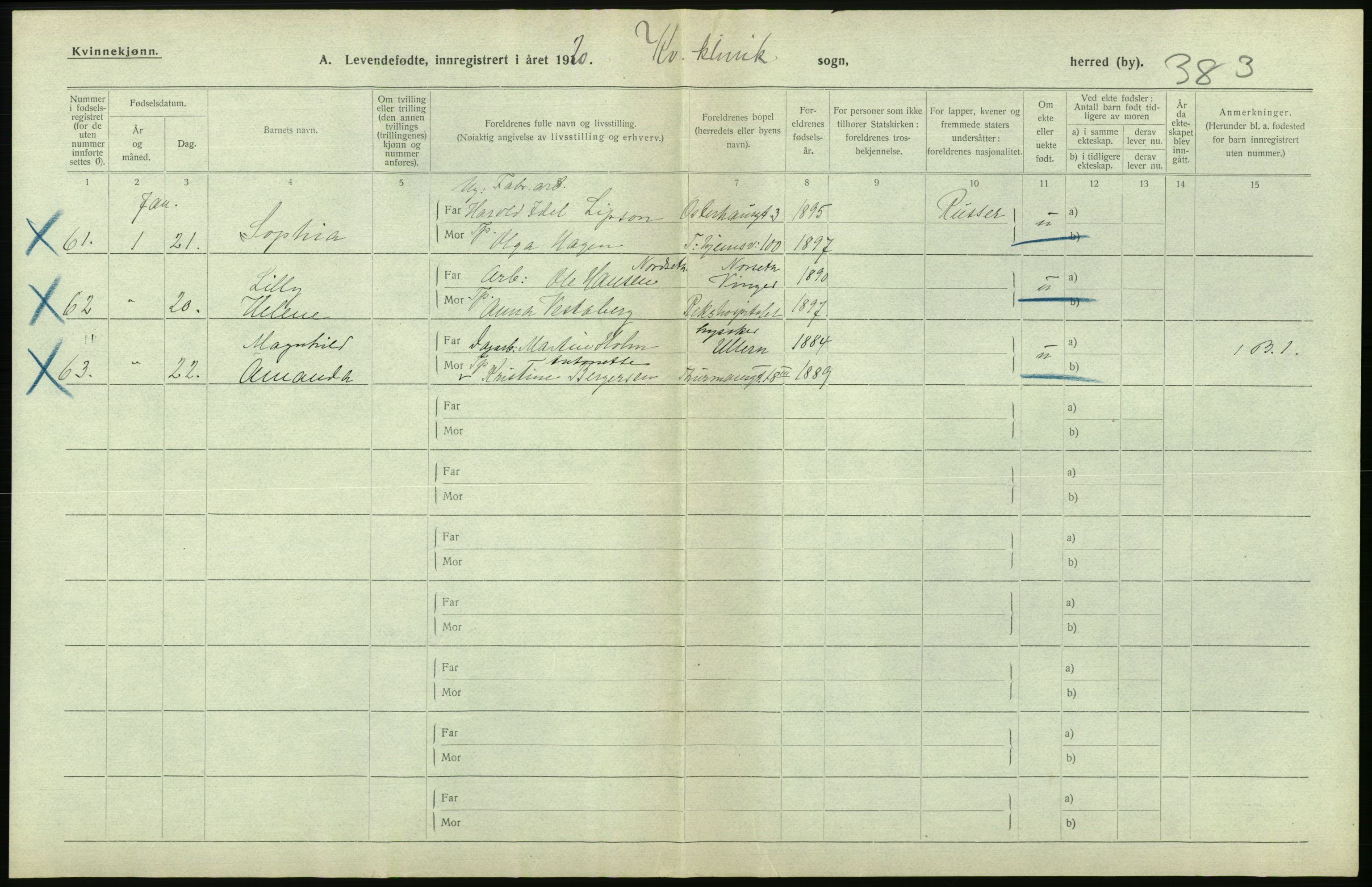 Statistisk sentralbyrå, Sosiodemografiske emner, Befolkning, AV/RA-S-2228/D/Df/Dfb/Dfbj/L0008: Kristiania: Levendefødte menn og kvinner., 1920, p. 538