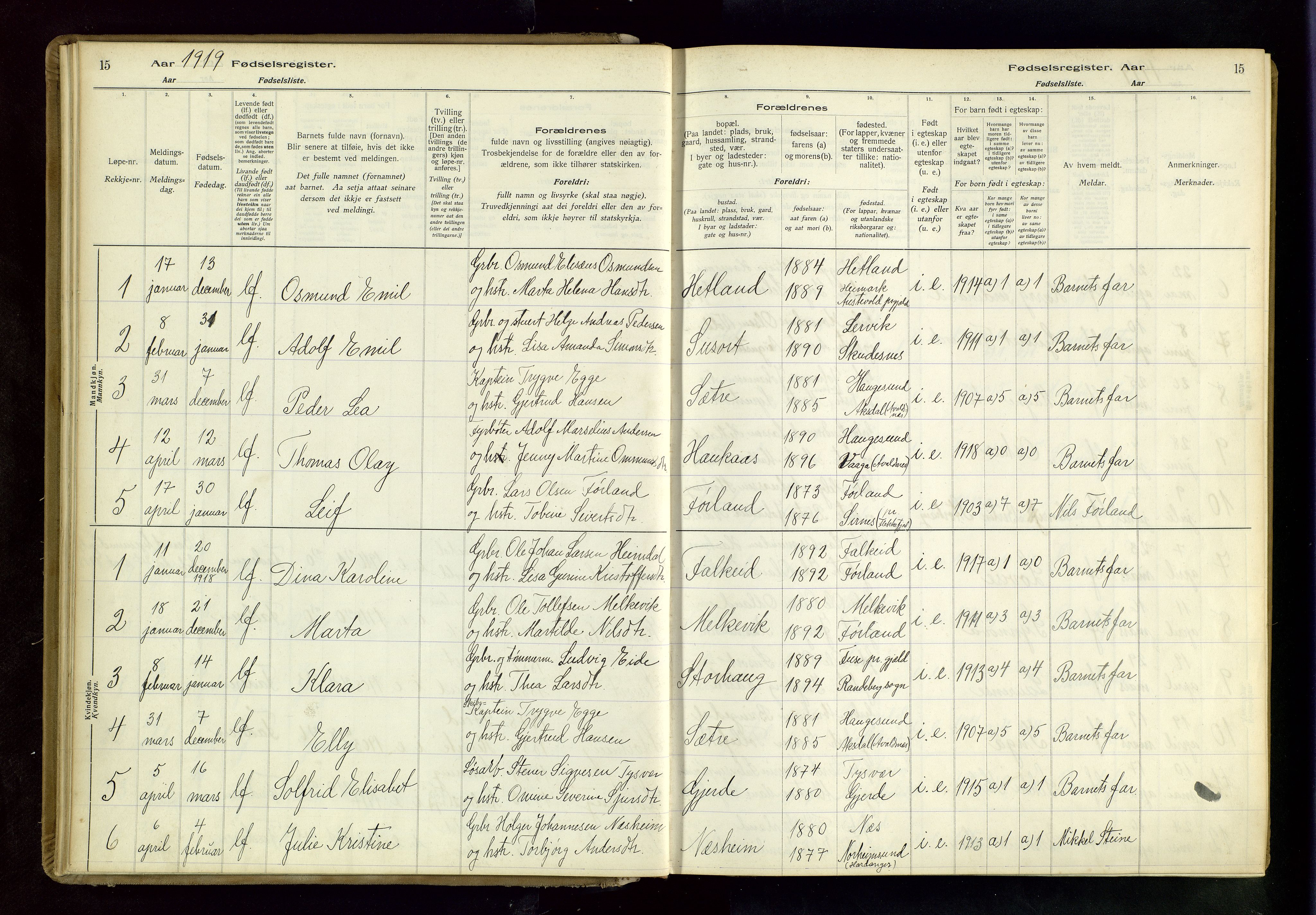 Tysvær sokneprestkontor, SAST/A -101864/I/Id/L0001: Birth register no. 1, 1916-1954, p. 15
