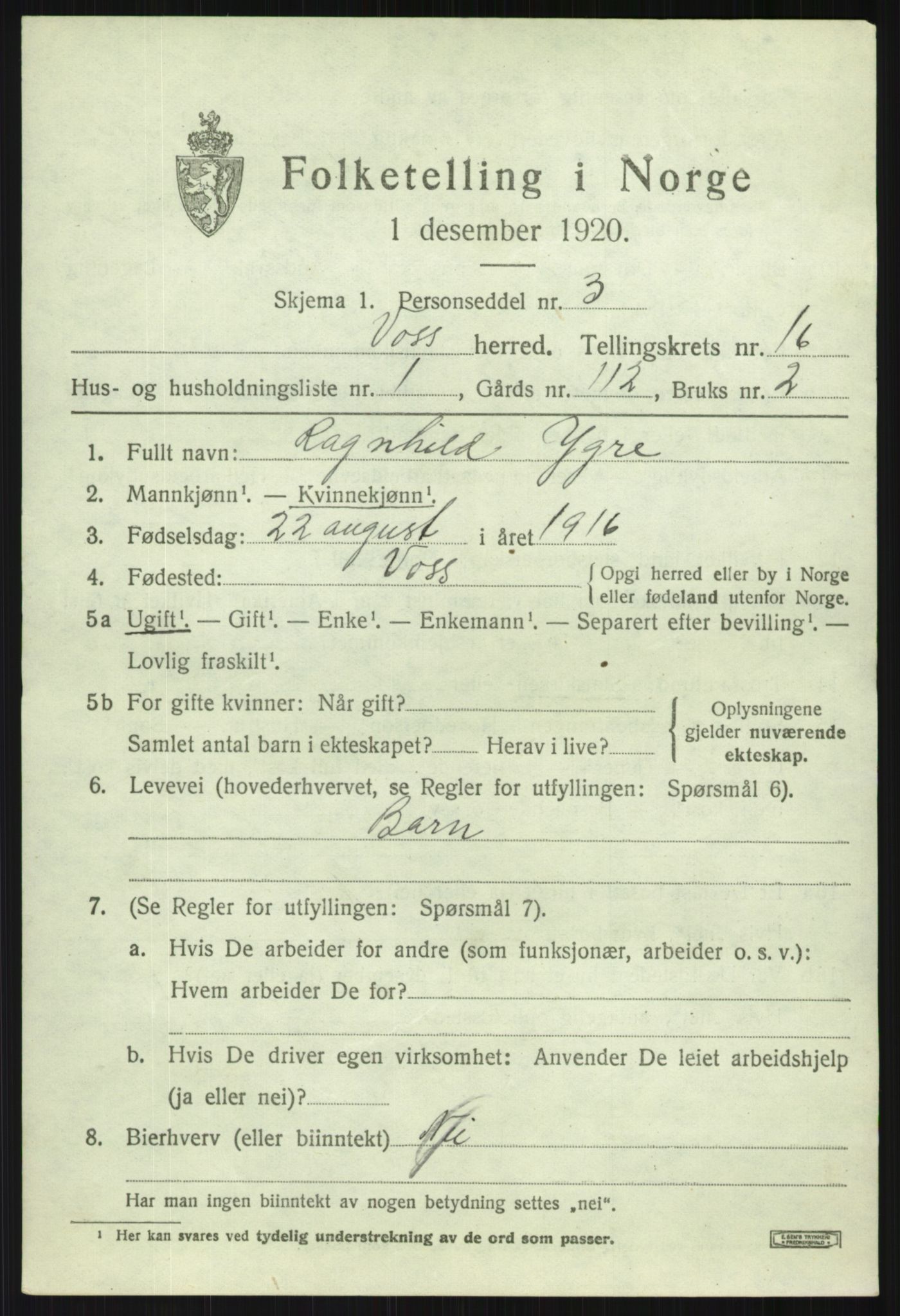 SAB, 1920 census for Voss, 1920, p. 13071