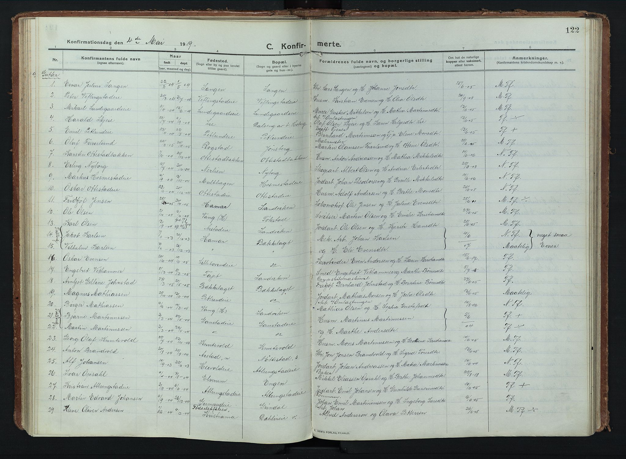 Stange prestekontor, SAH/PREST-002/K/L0028: Parish register (official) no. 28, 1913-1932, p. 122