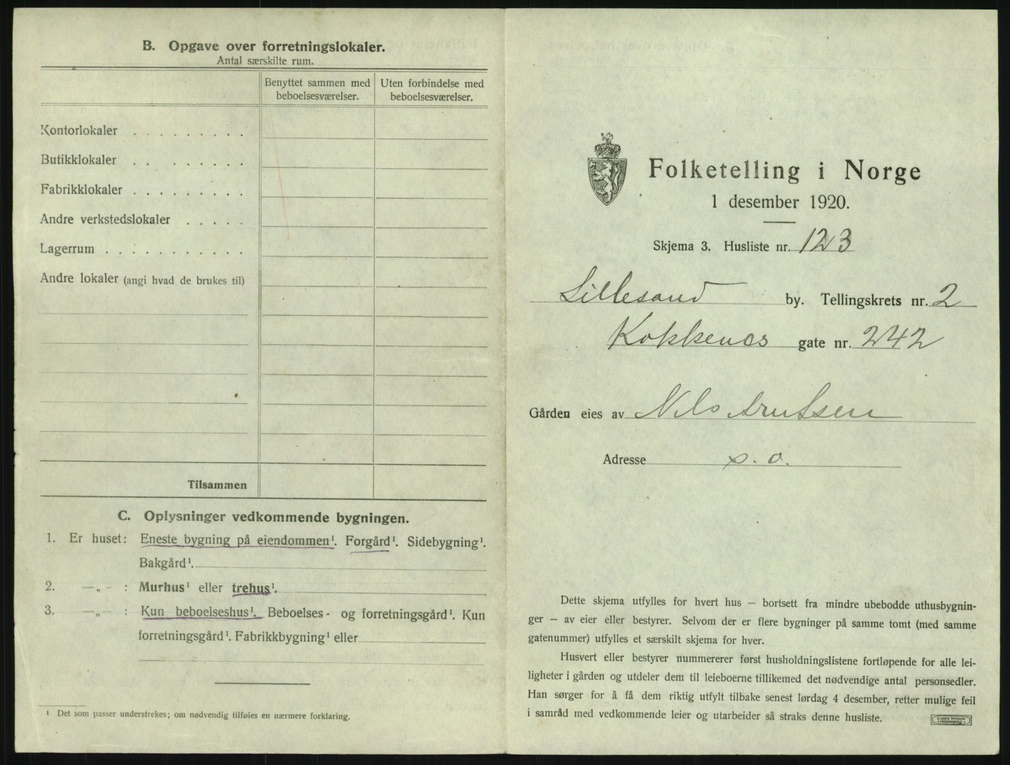 SAK, 1920 census for Lillesand, 1920, p. 483