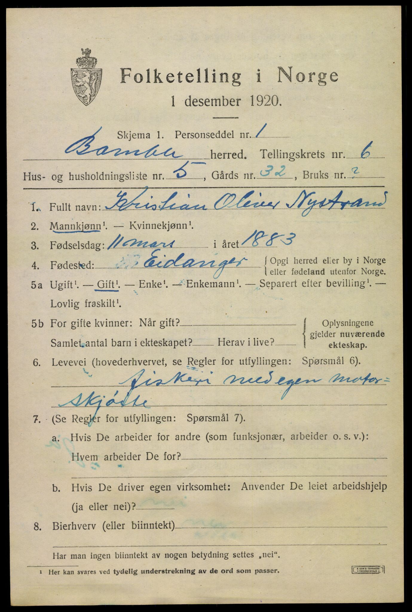 SAKO, 1920 census for Bamble, 1920, p. 5923