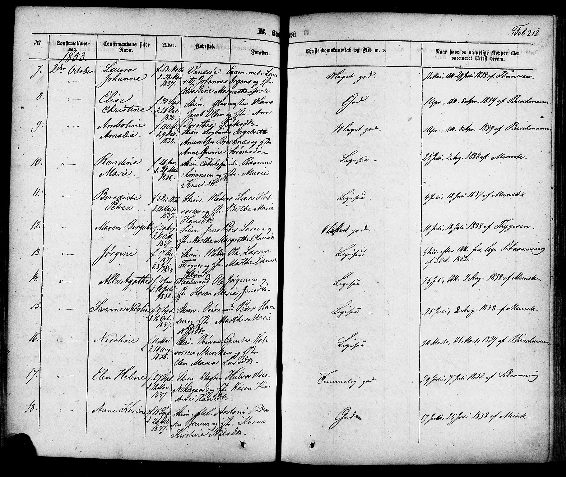 Skien kirkebøker, SAKO/A-302/F/Fa/L0006a: Parish register (official) no. 6A, 1843-1856, p. 212