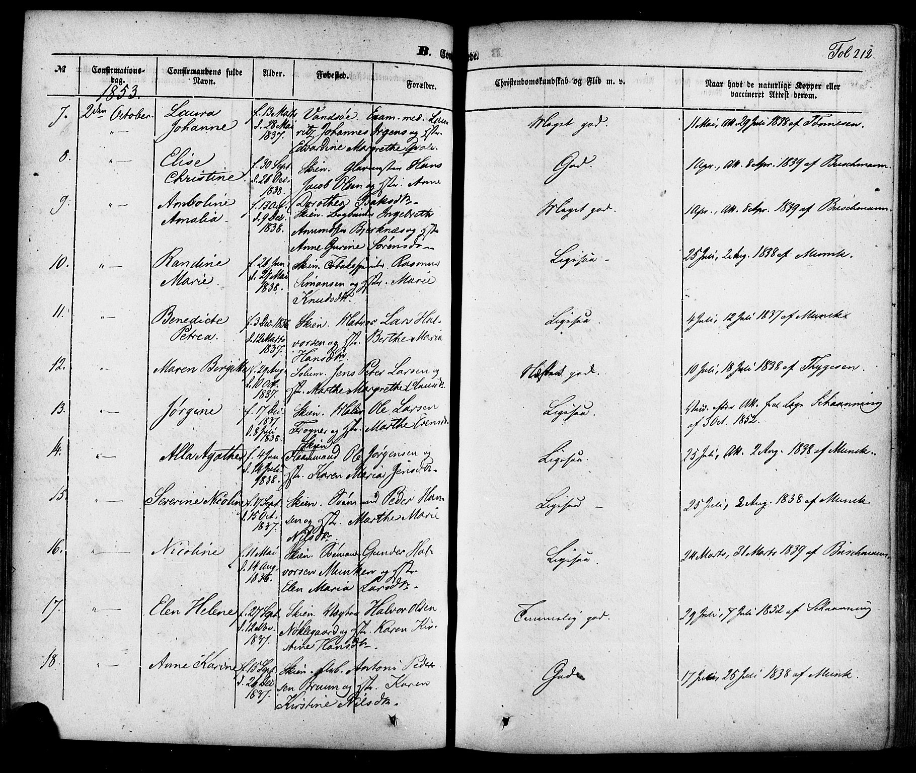 Skien kirkebøker, AV/SAKO-A-302/F/Fa/L0006a: Parish register (official) no. 6A, 1843-1856, p. 212