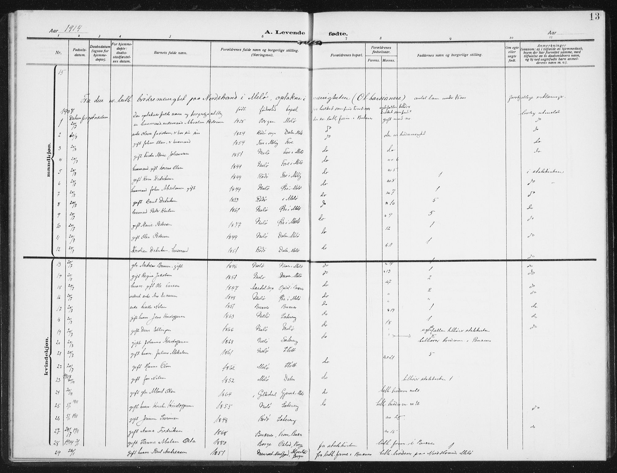 Ministerialprotokoller, klokkerbøker og fødselsregistre - Nordland, SAT/A-1459/843/L0629: Parish register (official) no. 843A04, 1907-1925, p. 13
