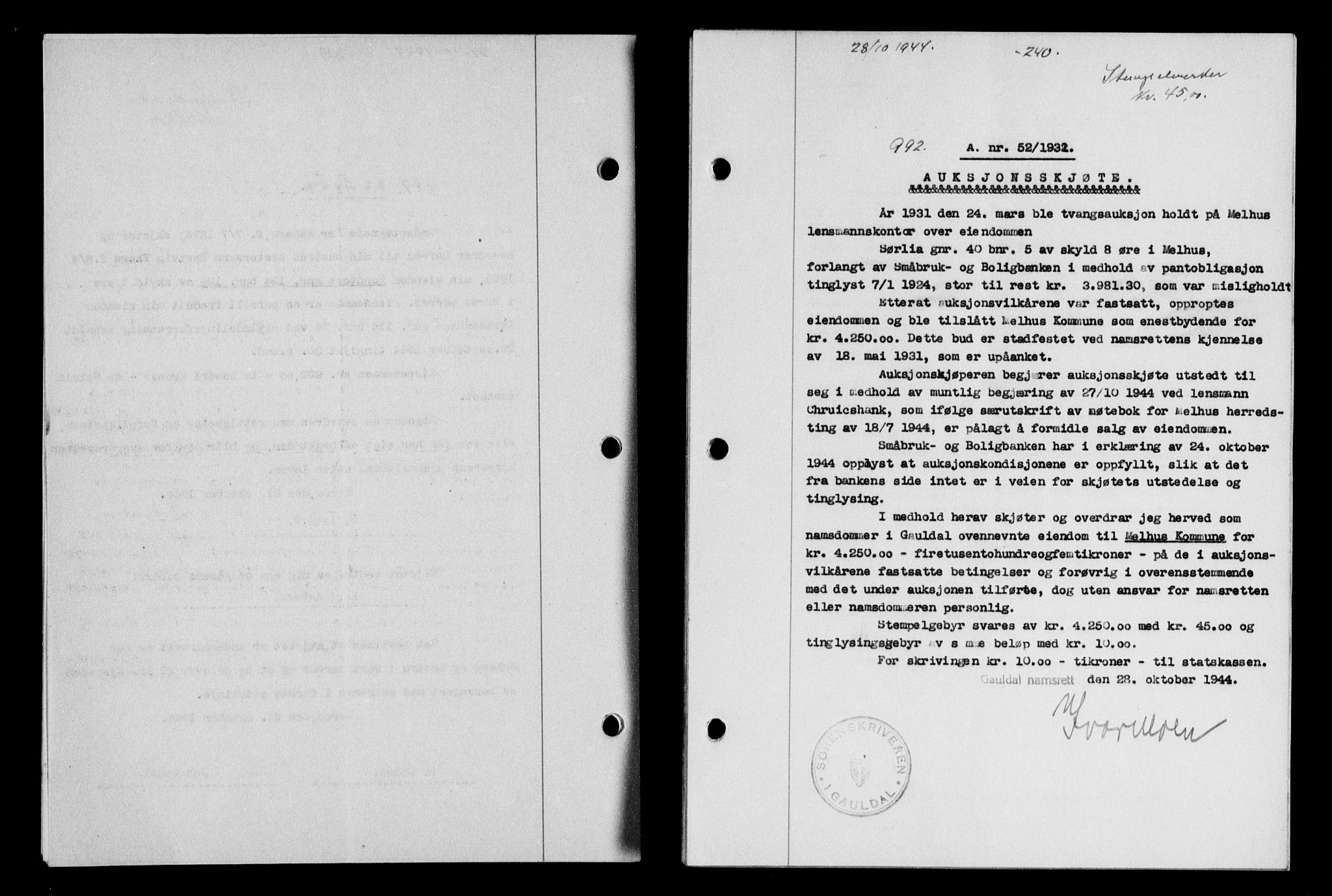 Gauldal sorenskriveri, SAT/A-0014/1/2/2C/L0058: Mortgage book no. 63, 1944-1945, Diary no: : 992/1944