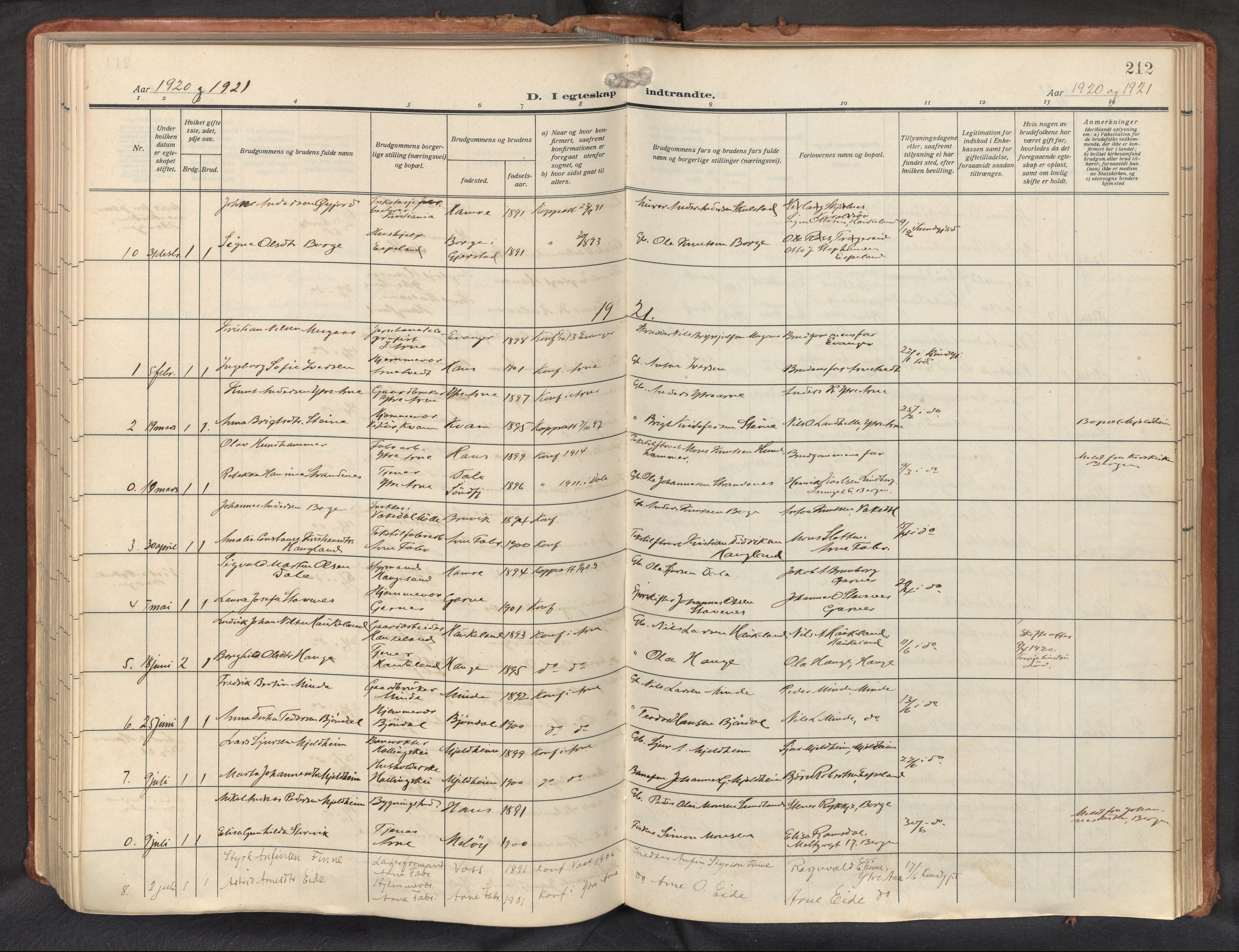 Haus sokneprestembete, AV/SAB-A-75601/H/Haa: Parish register (official) no. D 3, 1912-1927, p. 212