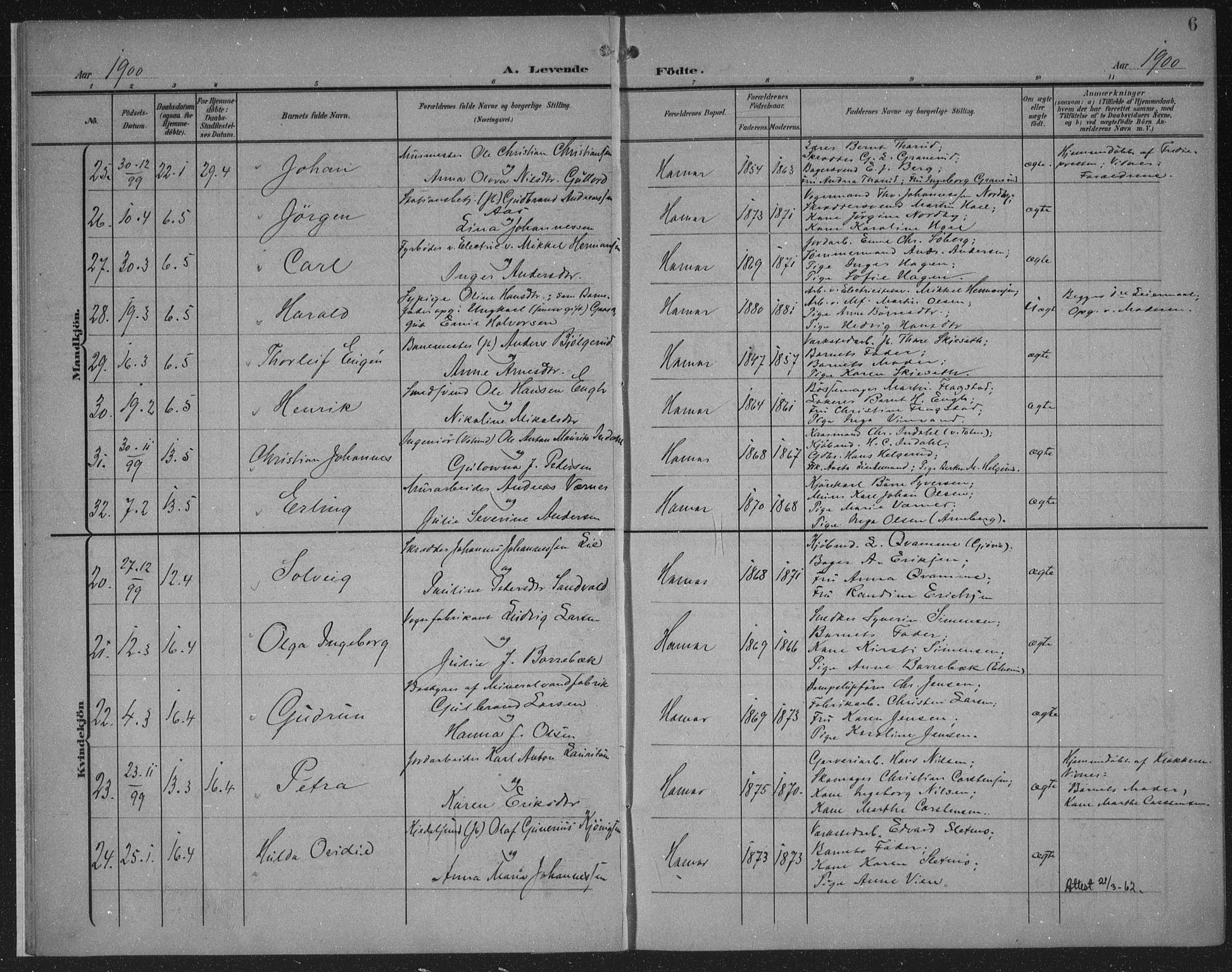 Hamar prestekontor, AV/SAH-DOMPH-002/H/Ha/Haa/L0001: Parish register (official) no. 1, 1900-1914, p. 6