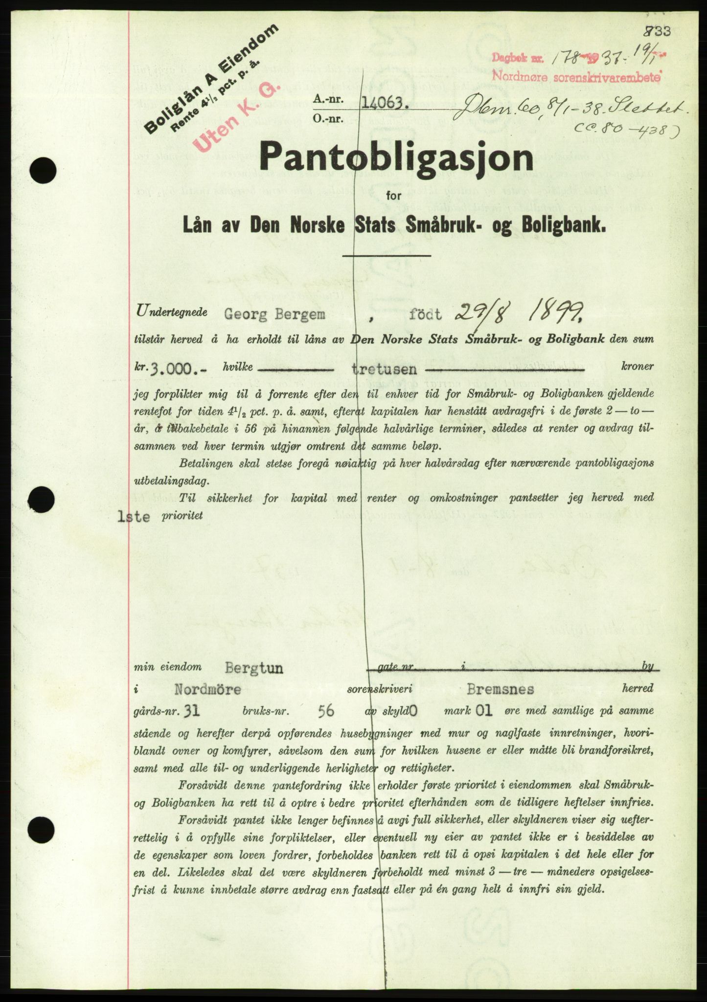 Nordmøre sorenskriveri, AV/SAT-A-4132/1/2/2Ca/L0090: Mortgage book no. B80, 1936-1937, Diary no: : 178/1937