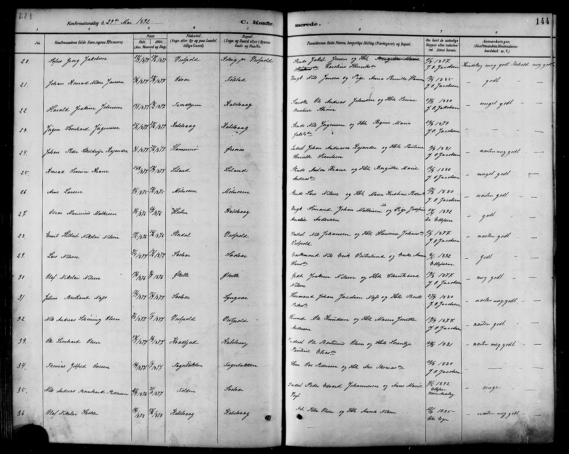 Ministerialprotokoller, klokkerbøker og fødselsregistre - Nordland, AV/SAT-A-1459/874/L1060: Parish register (official) no. 874A04, 1890-1899, p. 144