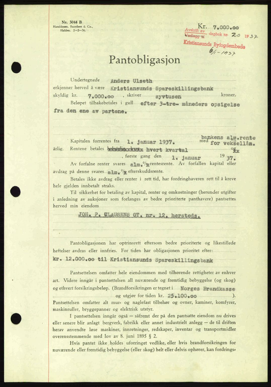 Kristiansund byfogd, AV/SAT-A-4587/A/27: Mortgage book no. 29, 1936-1937, Diary no: : 20/1937