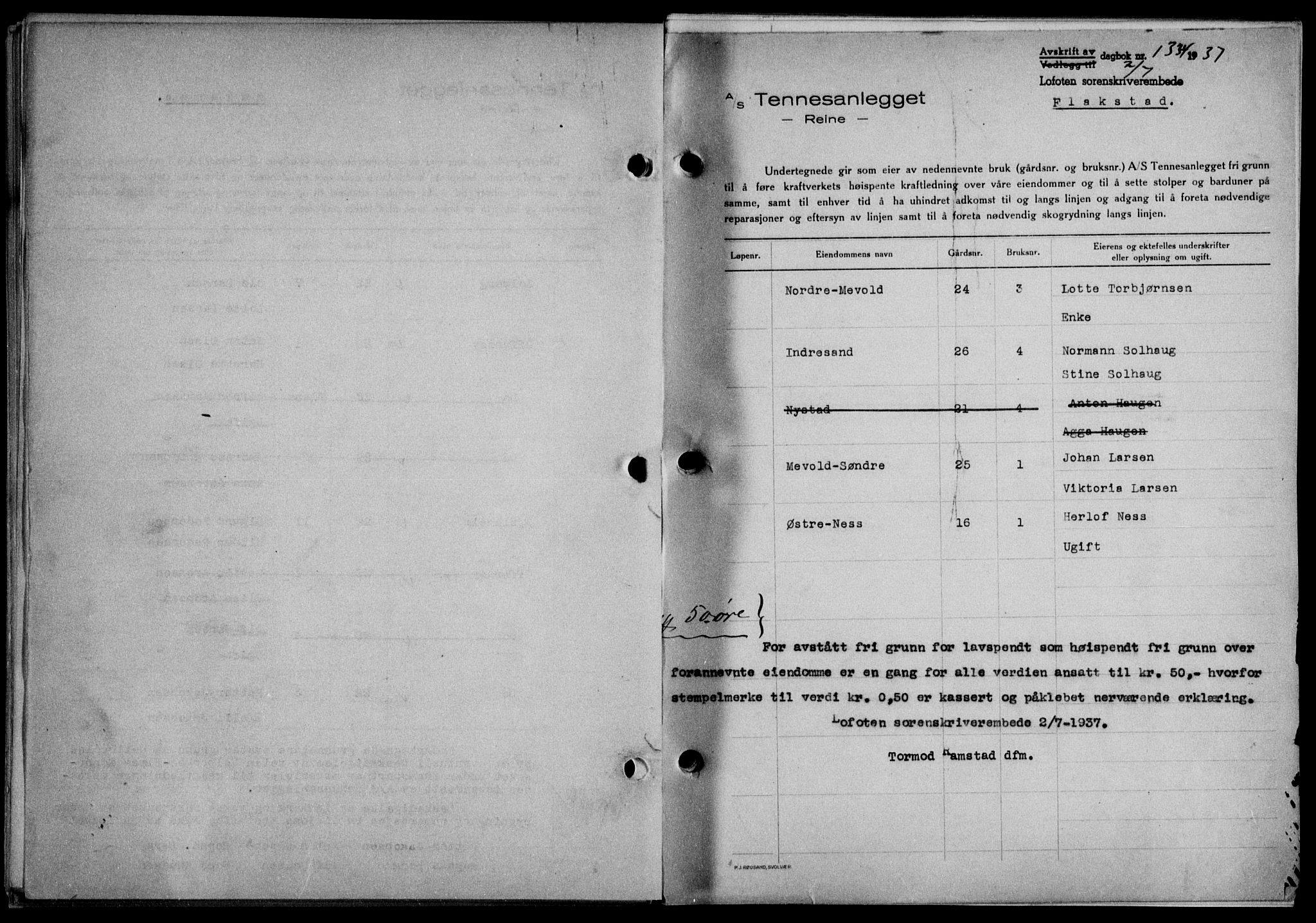 Lofoten sorenskriveri, SAT/A-0017/1/2/2C/L0003a: Mortgage book no. 3a, 1937-1938, Diary no: : 1334/1937