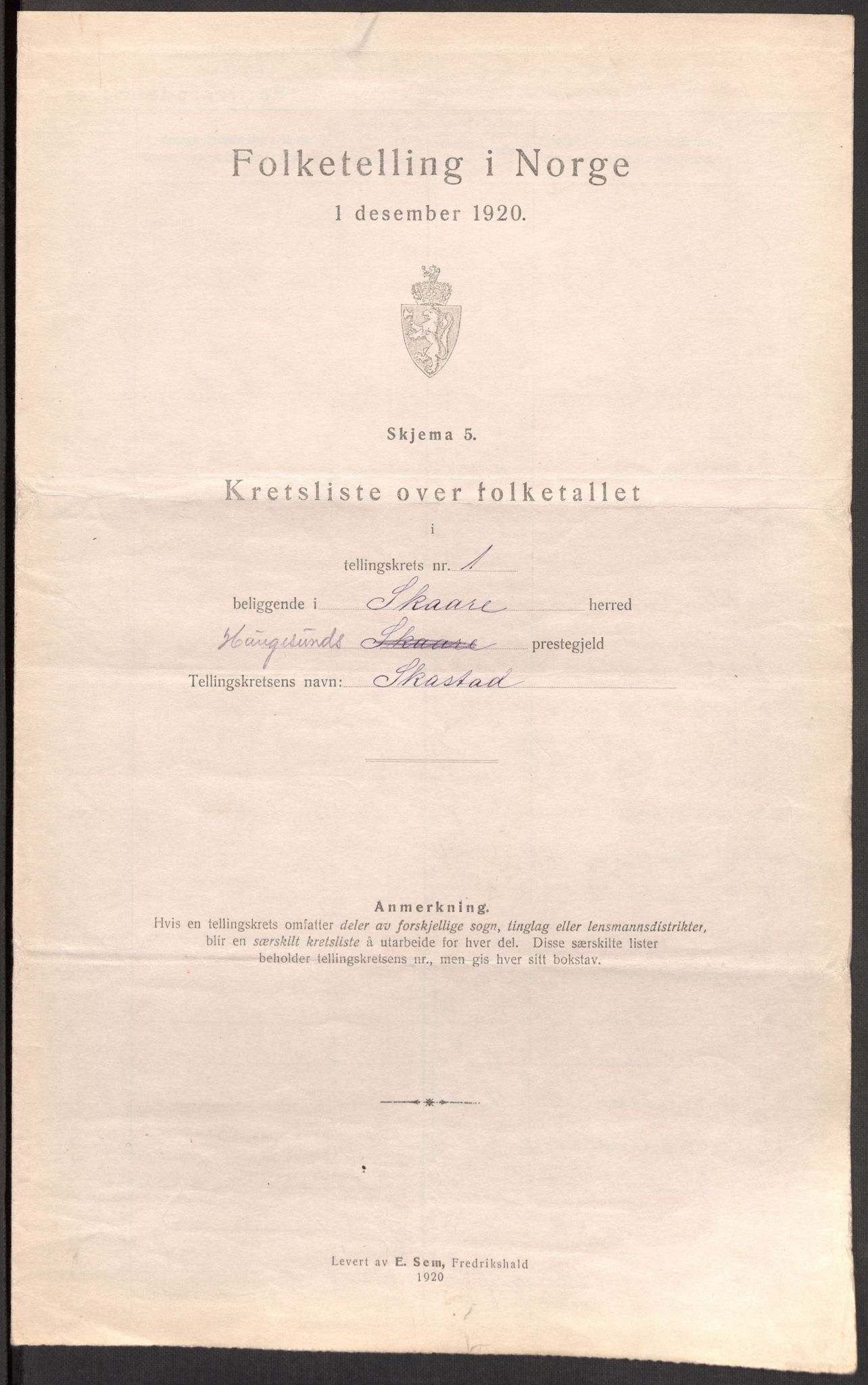 SAST, 1920 census for Skåre, 1920, p. 11