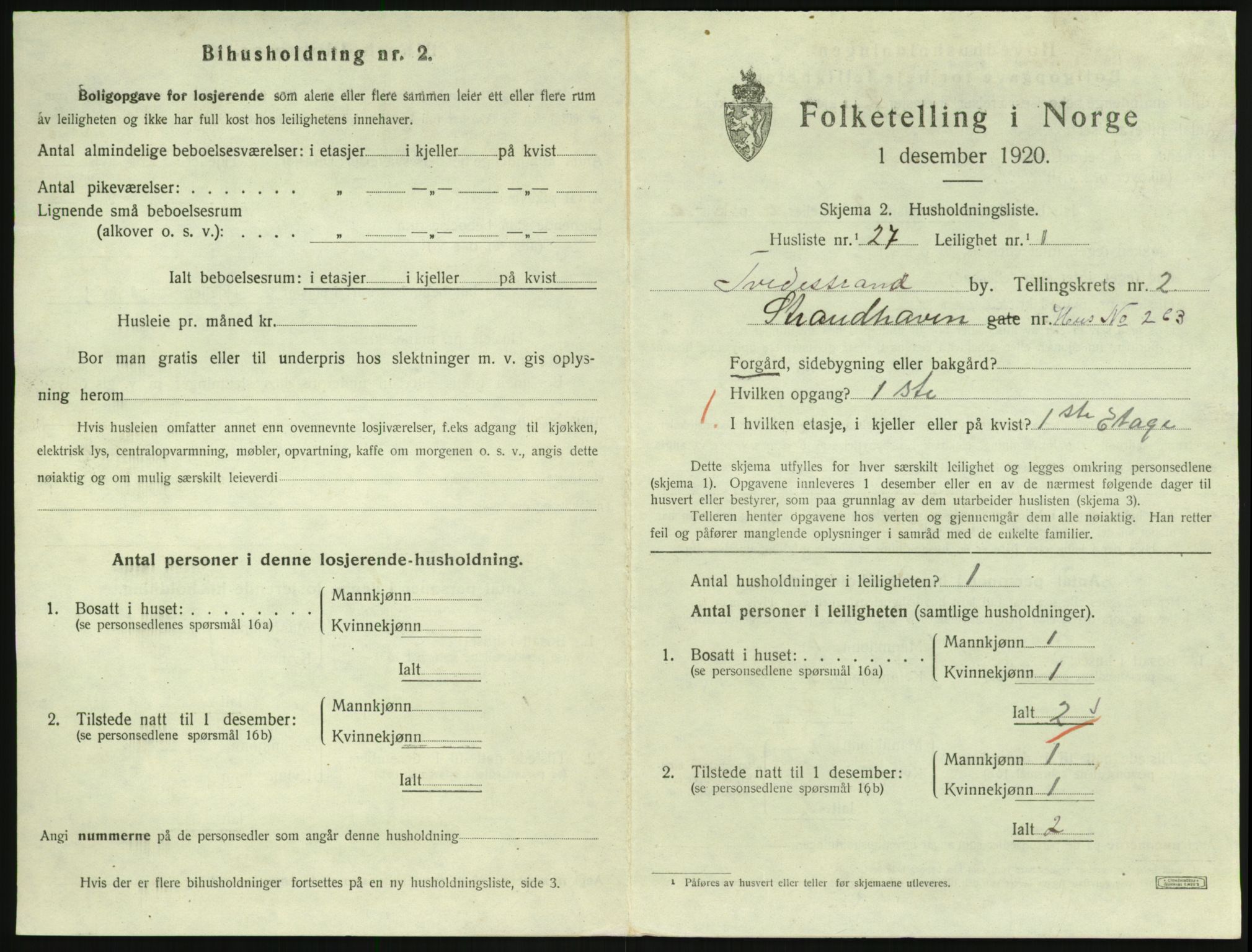 SAK, 1920 census for Tvedestrand, 1920, p. 1009