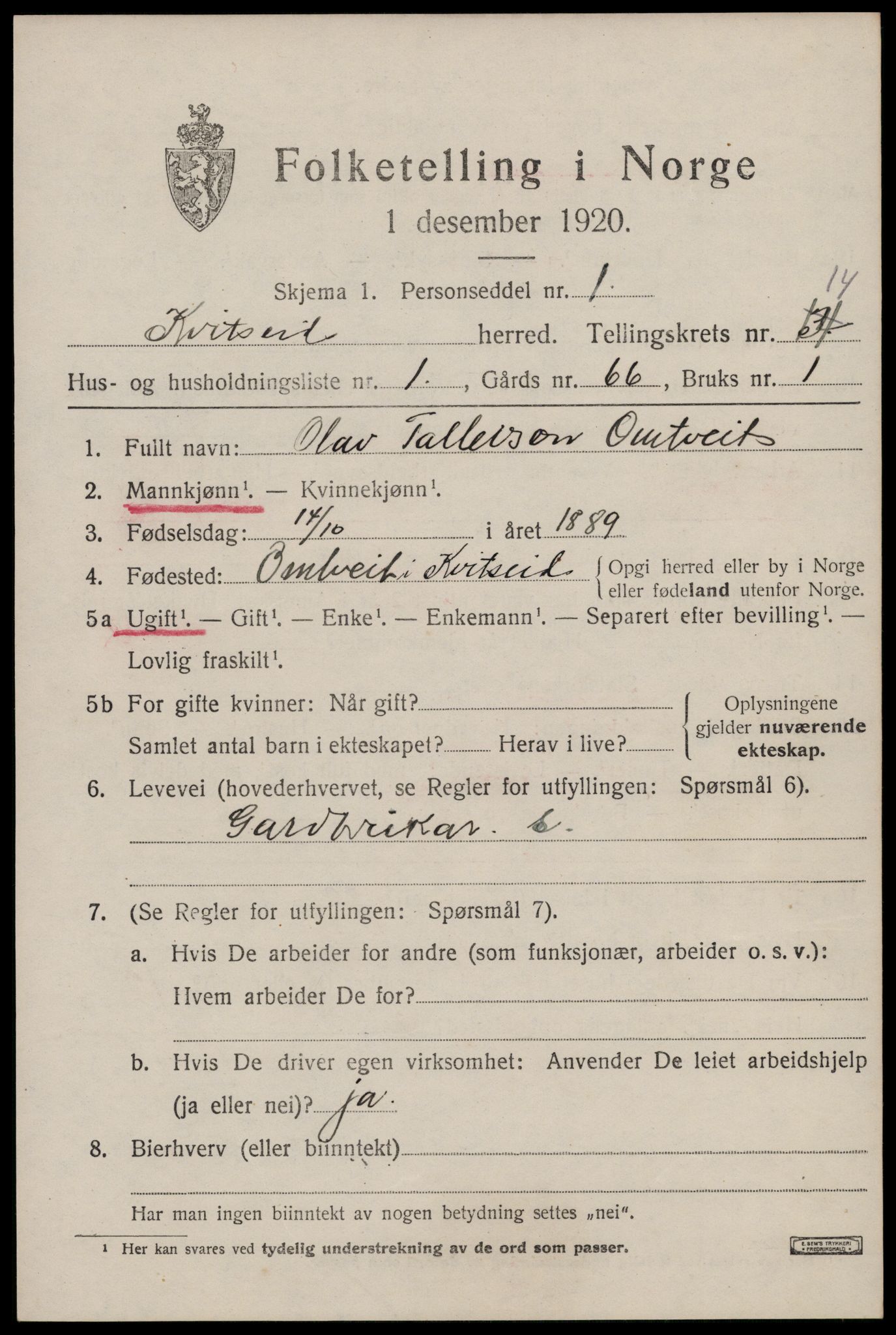 SAKO, 1920 census for Kviteseid, 1920, p. 6683