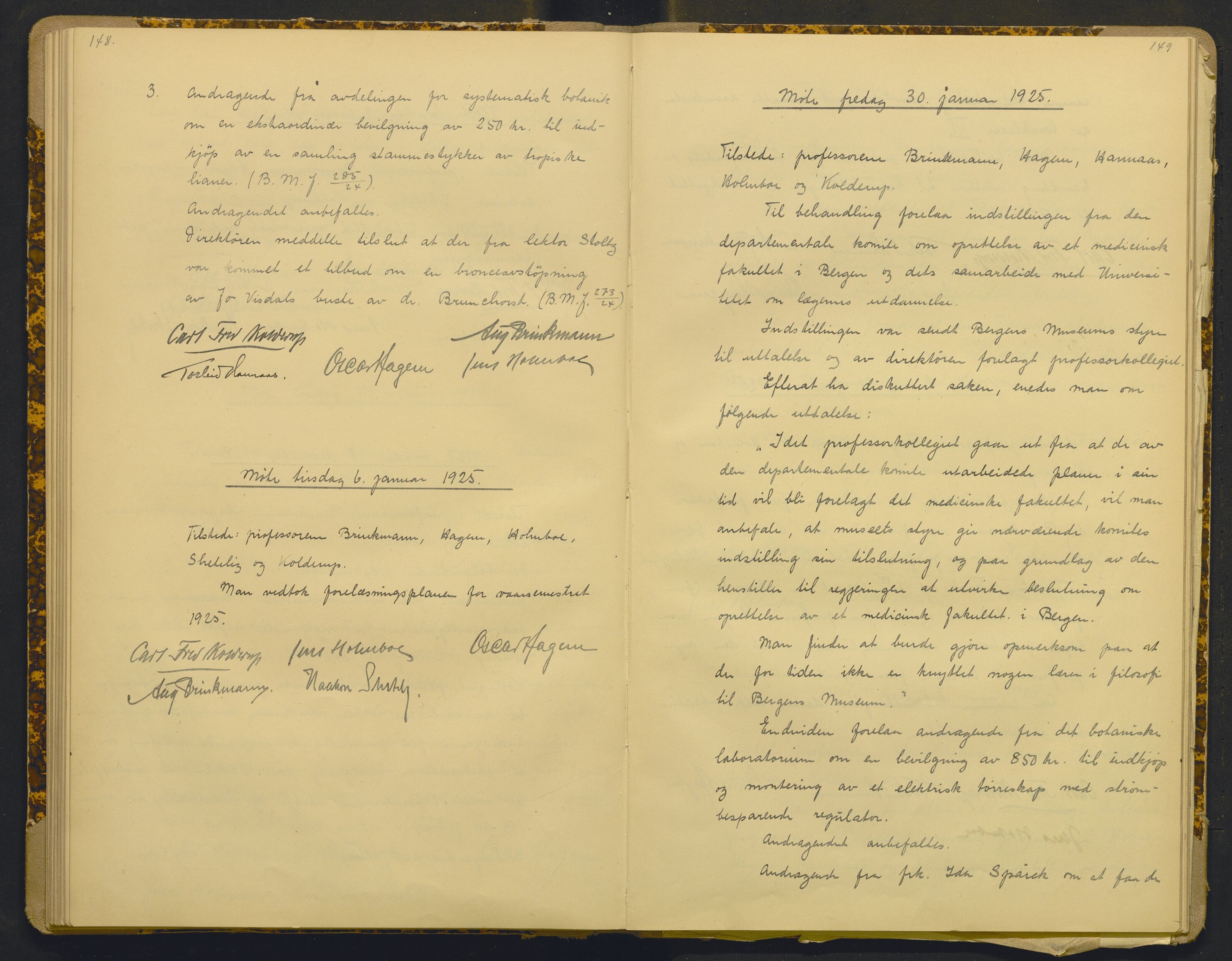 Bergens Museum, AV/SAB-A-17301/18/A/L0001: Bestyrerkollegiets forhandlingsprotokoll med register , 1907-1927, p. 148-149