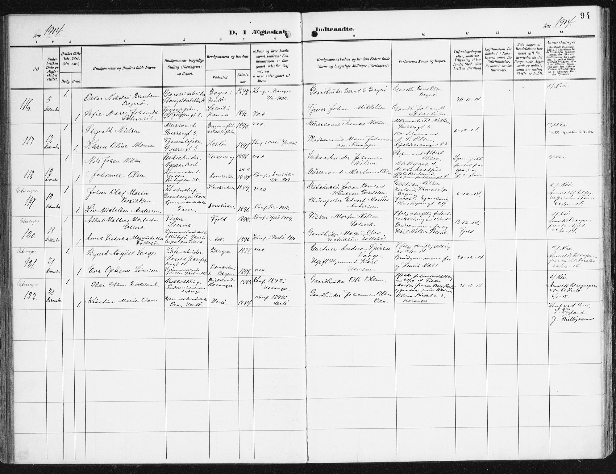 Domkirken sokneprestembete, AV/SAB-A-74801/H/Haa/L0038: Parish register (official) no. D 5, 1906-1921, p. 94