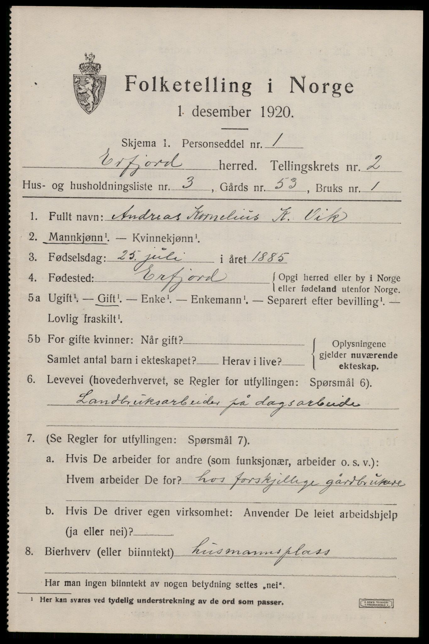 SAST, 1920 census for Erfjord, 1920, p. 641