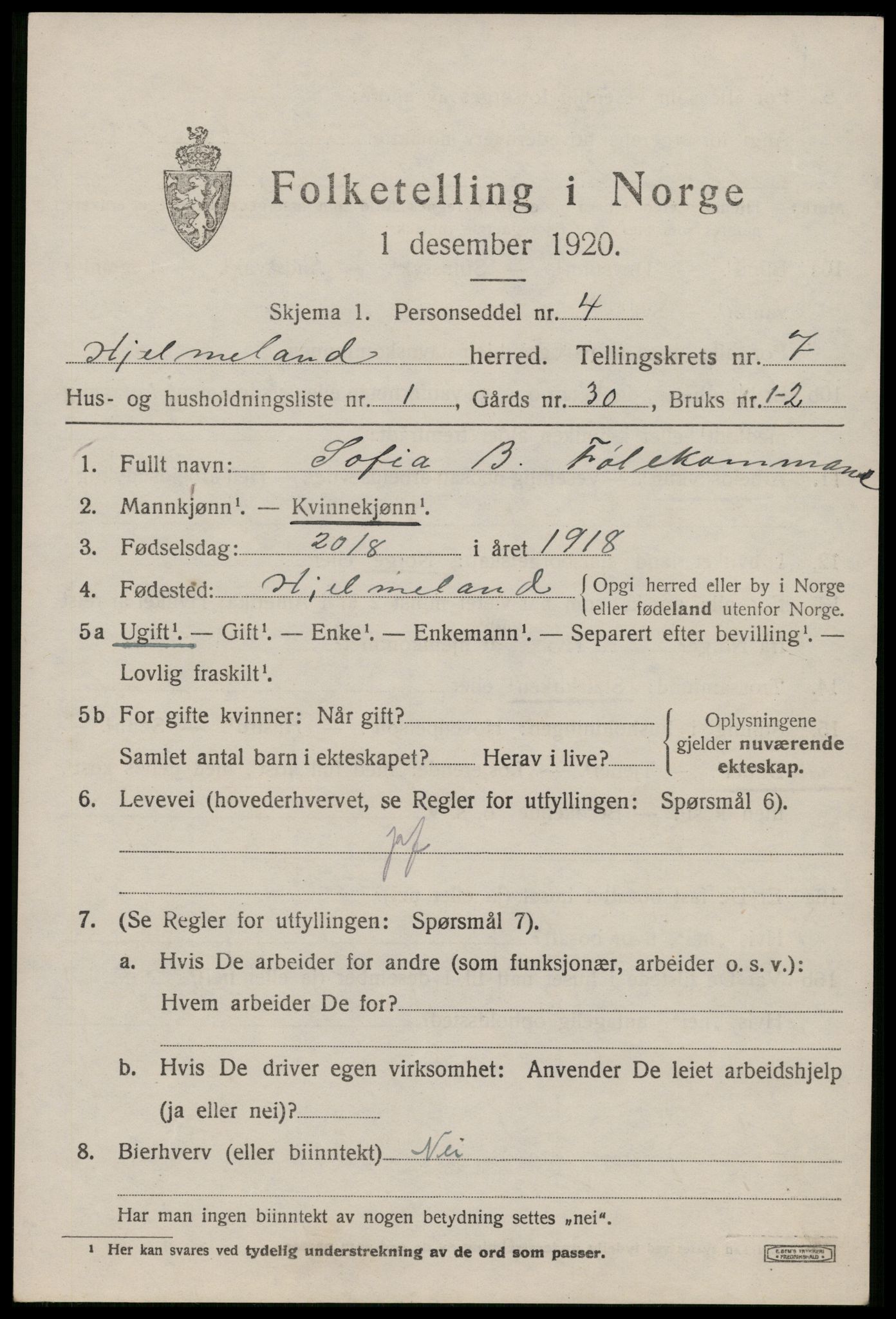 SAST, 1920 census for Hjelmeland, 1920, p. 2261