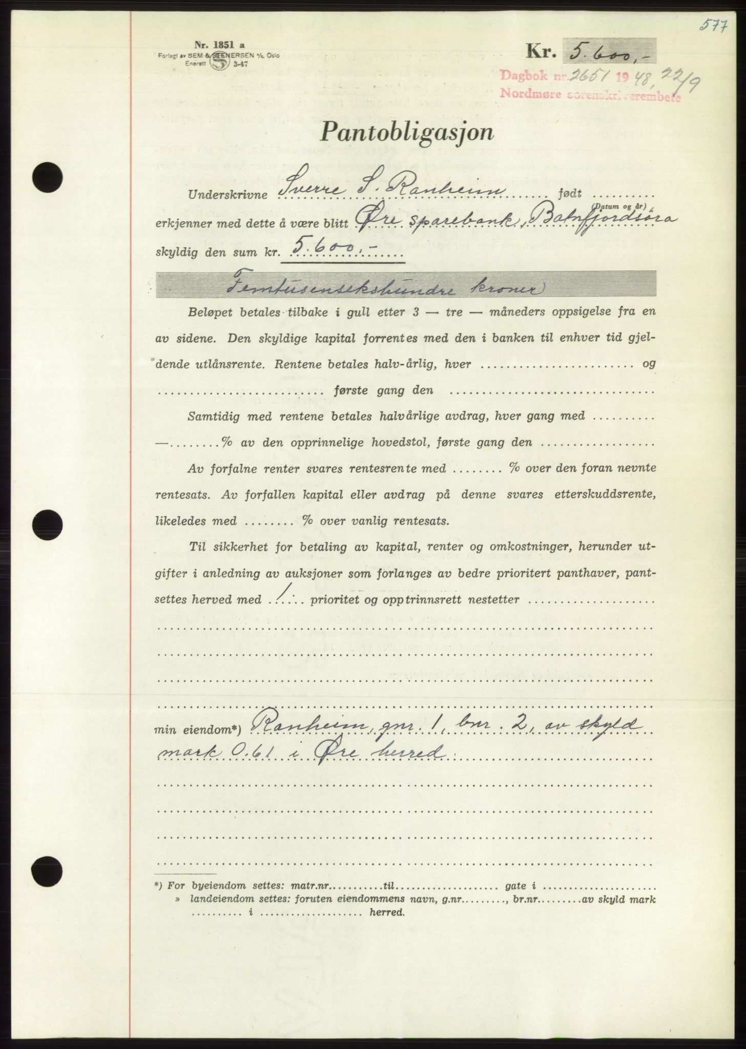 Nordmøre sorenskriveri, AV/SAT-A-4132/1/2/2Ca: Mortgage book no. B99, 1948-1948, Diary no: : 2651/1948