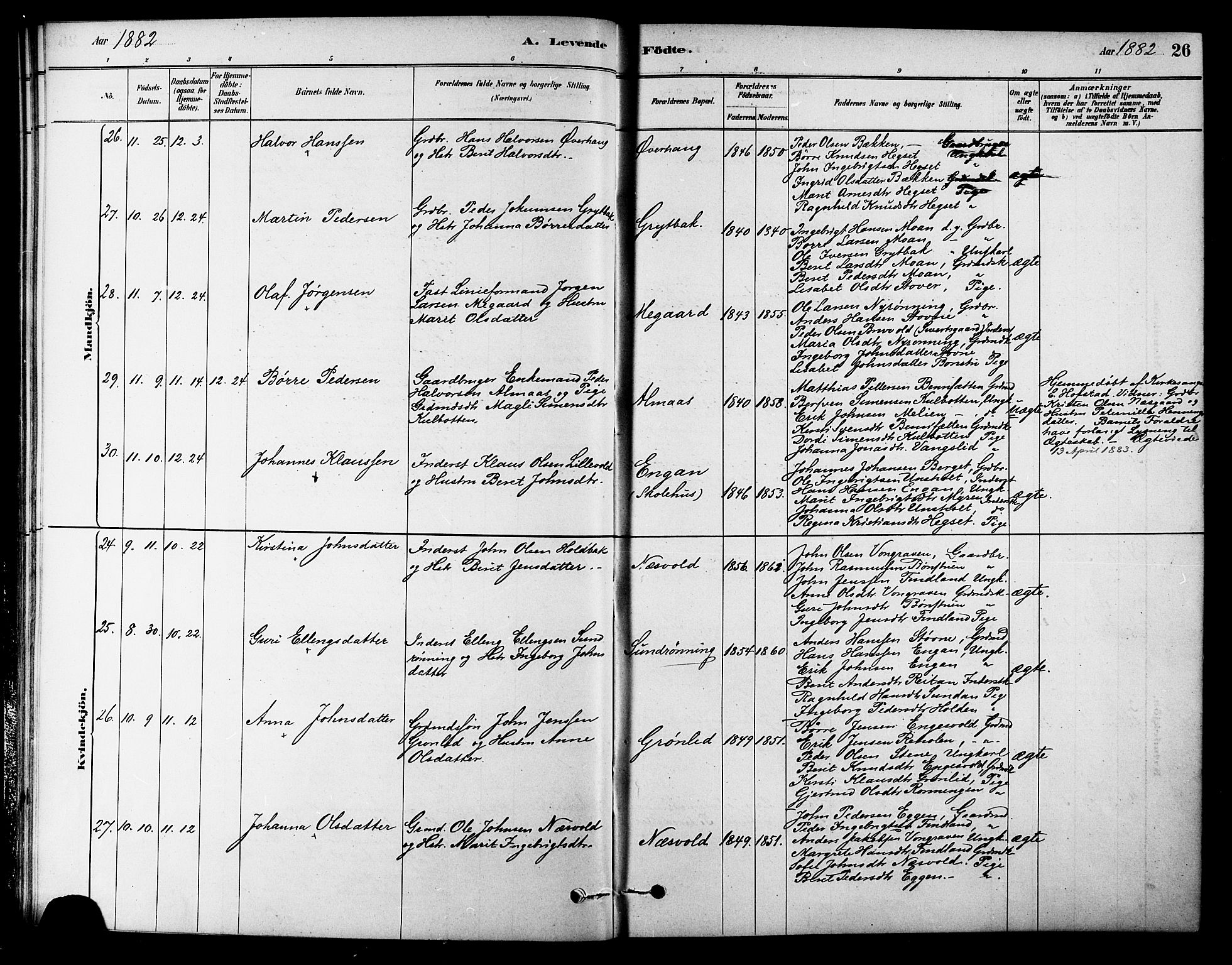 Ministerialprotokoller, klokkerbøker og fødselsregistre - Sør-Trøndelag, SAT/A-1456/686/L0983: Parish register (official) no. 686A01, 1879-1890, p. 26
