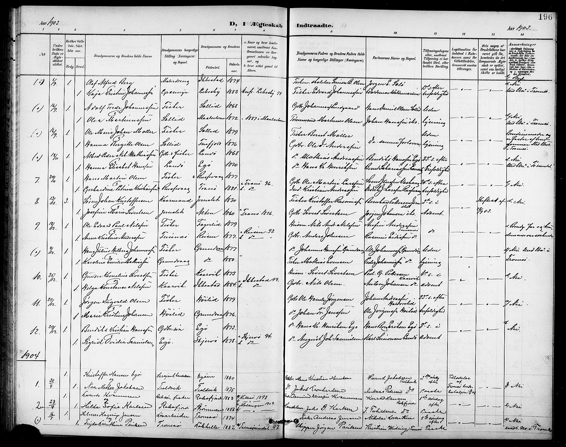 Lenvik sokneprestembete, SATØ/S-1310/H/Ha/Hab/L0008klokker: Parish register (copy) no. 8, 1899-1911, p. 196