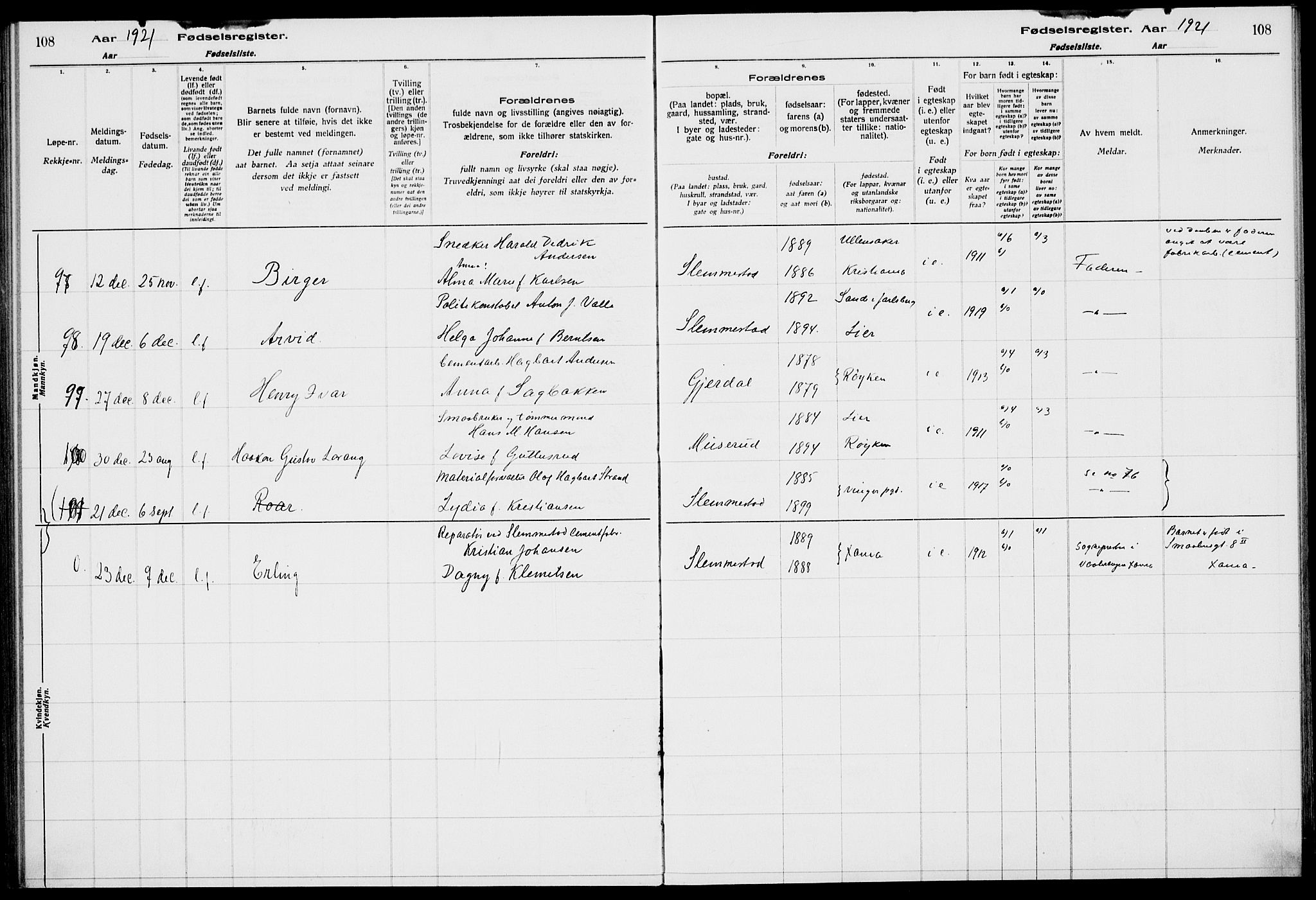 Røyken kirkebøker, AV/SAKO-A-241/J/Ja/L0001: Birth register no. 1, 1916-1927, p. 108