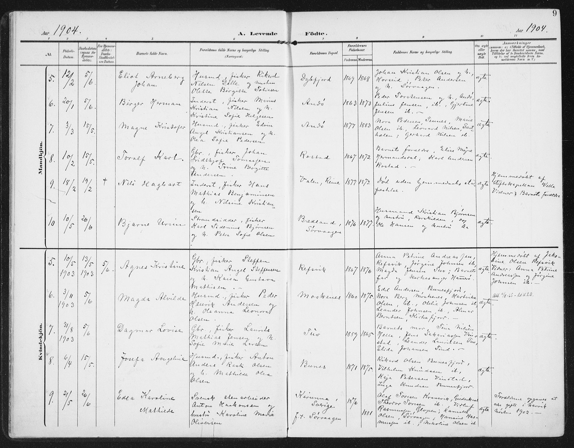Ministerialprotokoller, klokkerbøker og fødselsregistre - Nordland, SAT/A-1459/886/L1221: Parish register (official) no. 886A03, 1903-1913, p. 9
