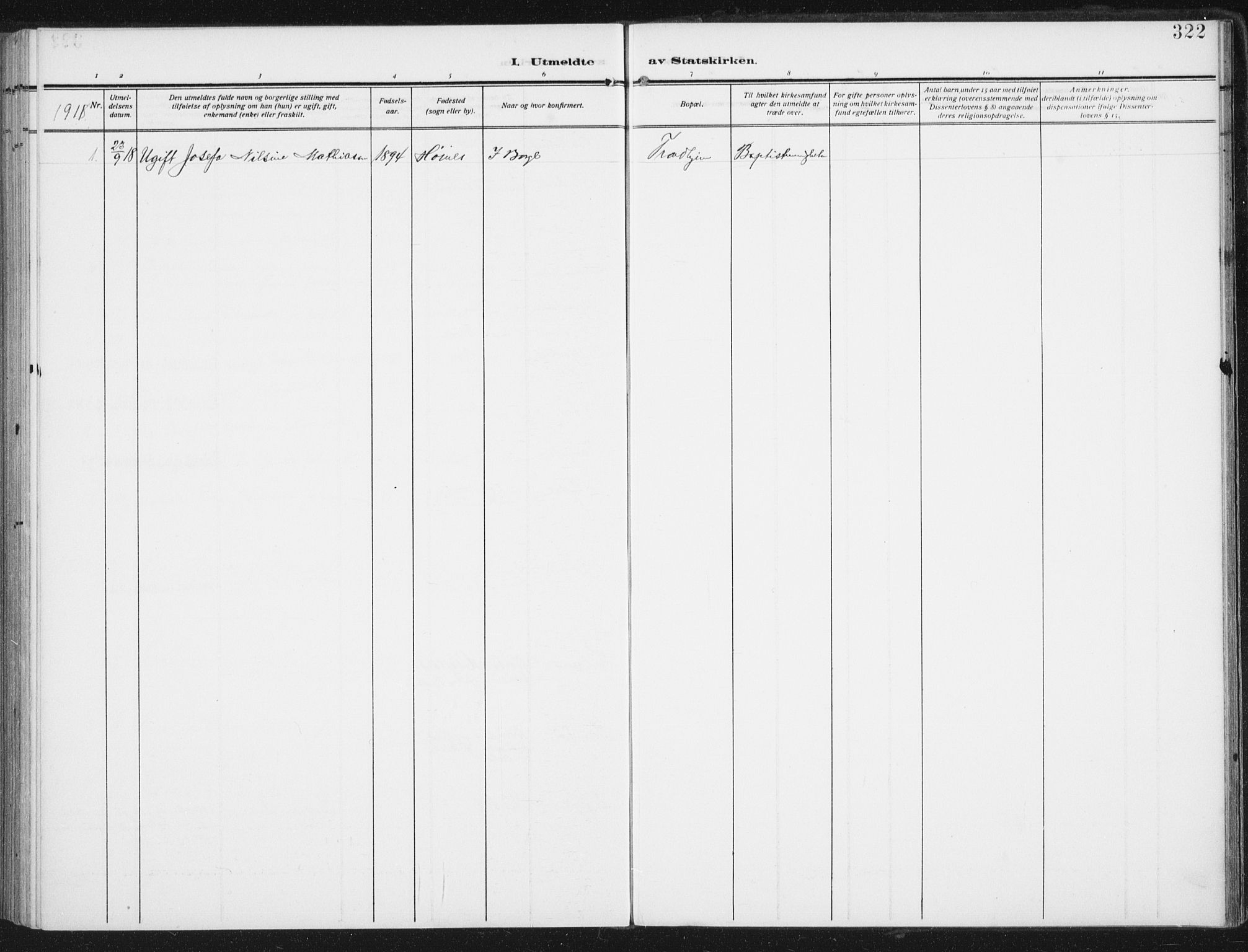 Ministerialprotokoller, klokkerbøker og fødselsregistre - Nordland, SAT/A-1459/880/L1135: Parish register (official) no. 880A09, 1908-1919, p. 322