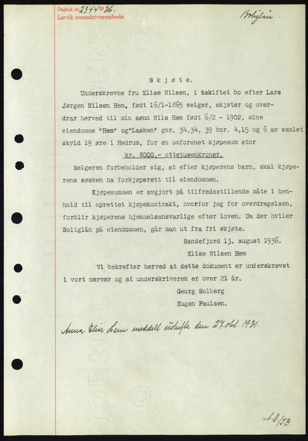 Larvik sorenskriveri, SAKO/A-83/G/Ga/Gab/L0067: Mortgage book no. A-1, 1936-1937, Diary no: : 2344/1936