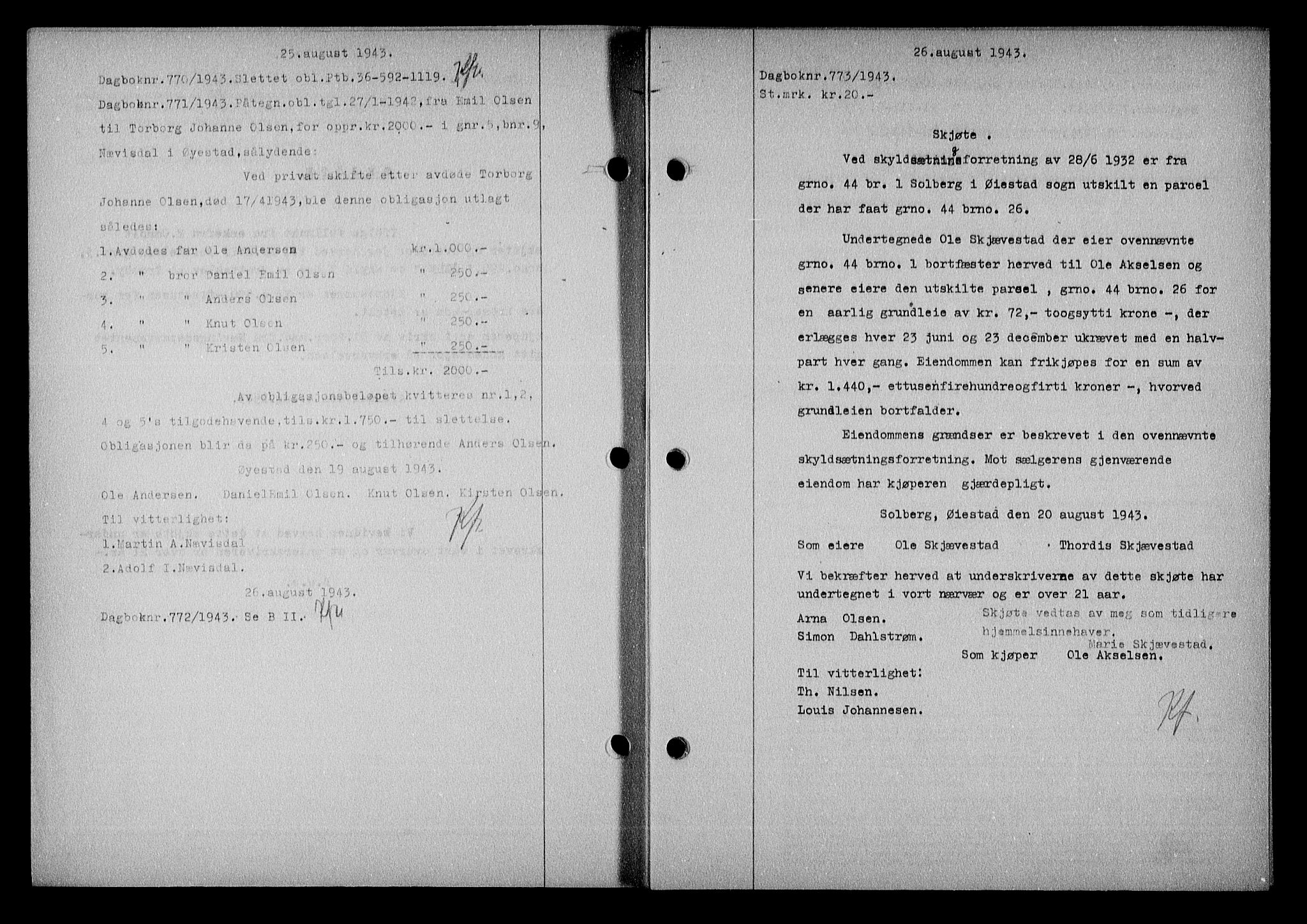 Nedenes sorenskriveri, SAK/1221-0006/G/Gb/Gba/L0051: Mortgage book no. A-V, 1943-1944, Diary no: : 773/1943